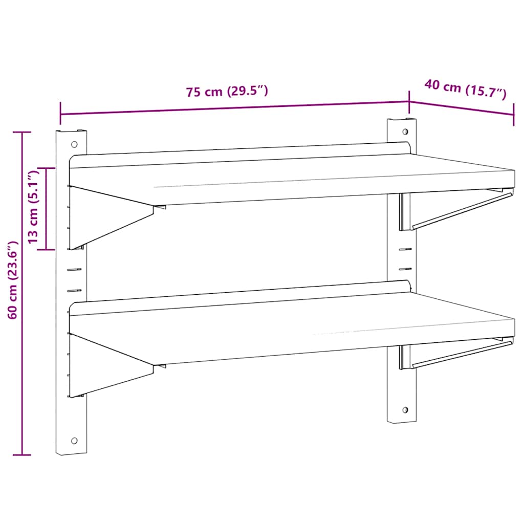 Wandregal mit 2 Böden 100x40x60 cm Silbern Edelstahl