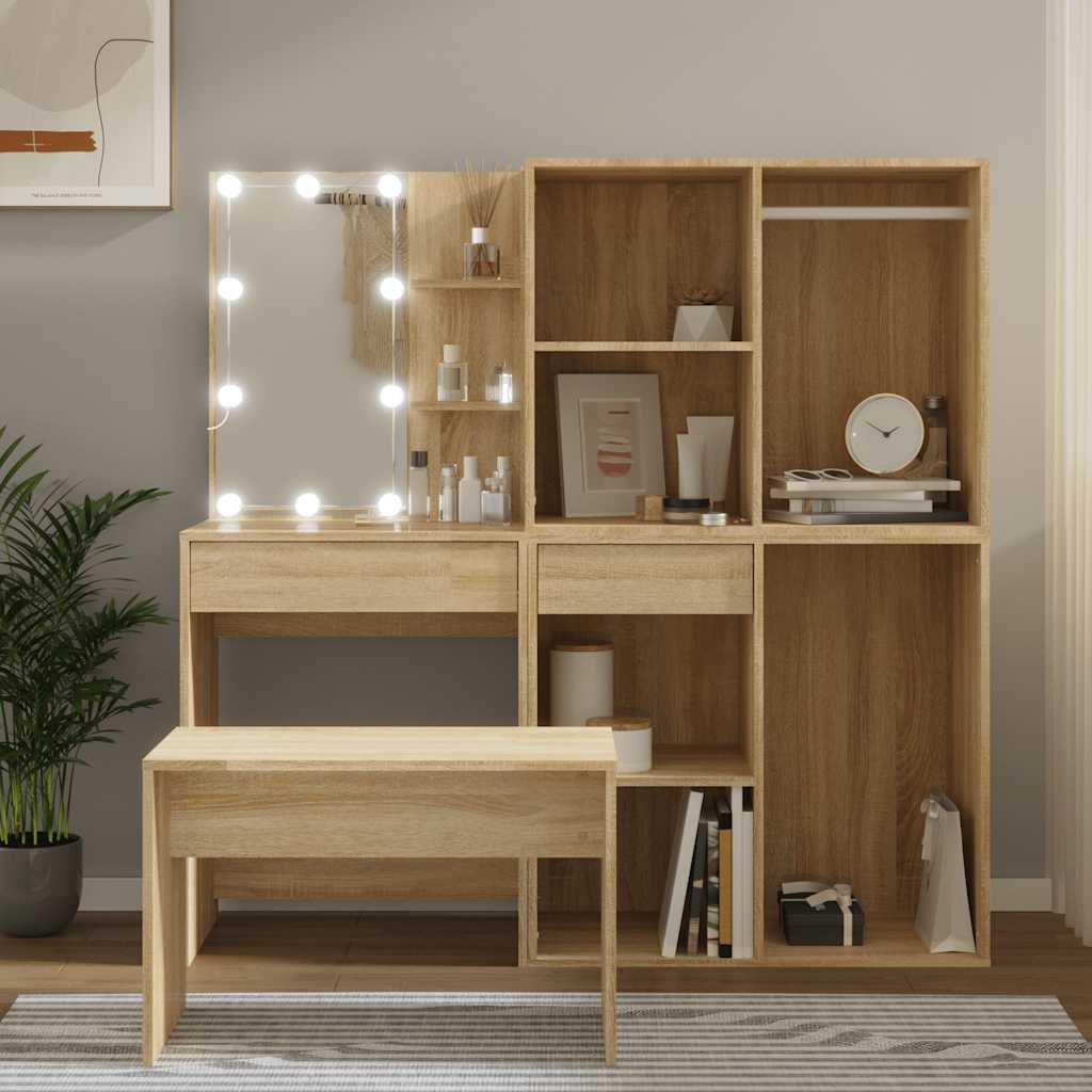 Schminktisch-Set mit LED Weiß Holzwerkstoff