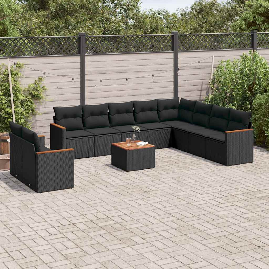 10-tlg. Garten-Sofagarnitur mit Kissen Schwarz Poly Rattan
