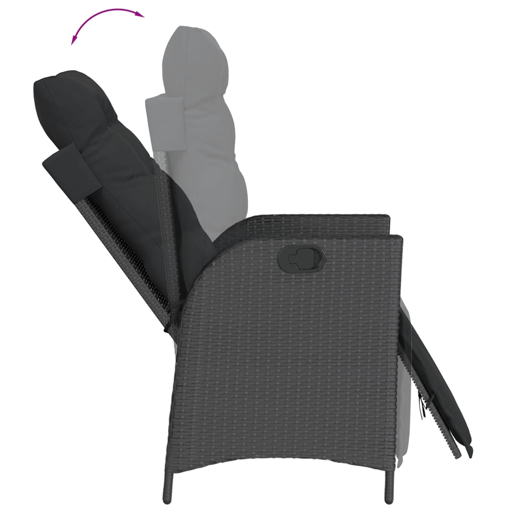 Gartensessel Verstellbar mit Kissen Schwarz Poly Rattan