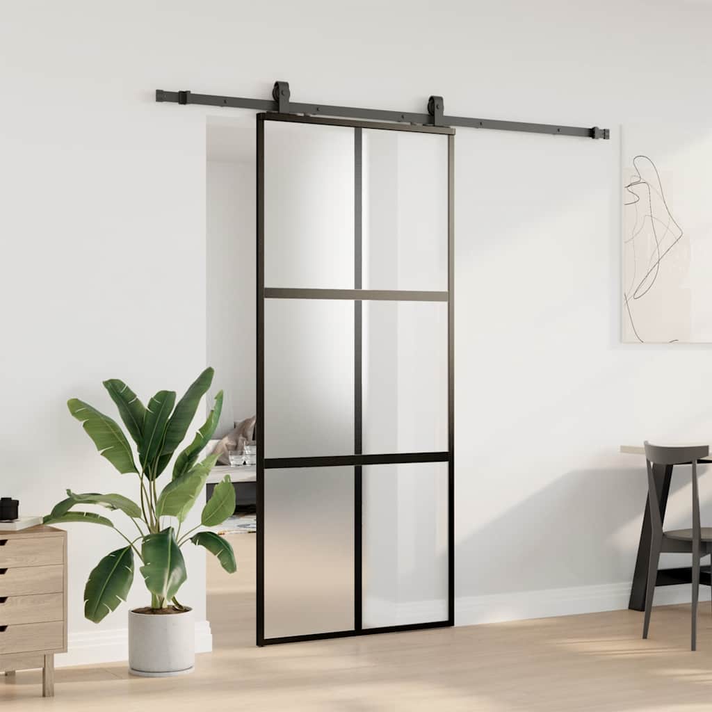 Schiebetür mit Beschlag Schwarz 76x205 cm Hartglas