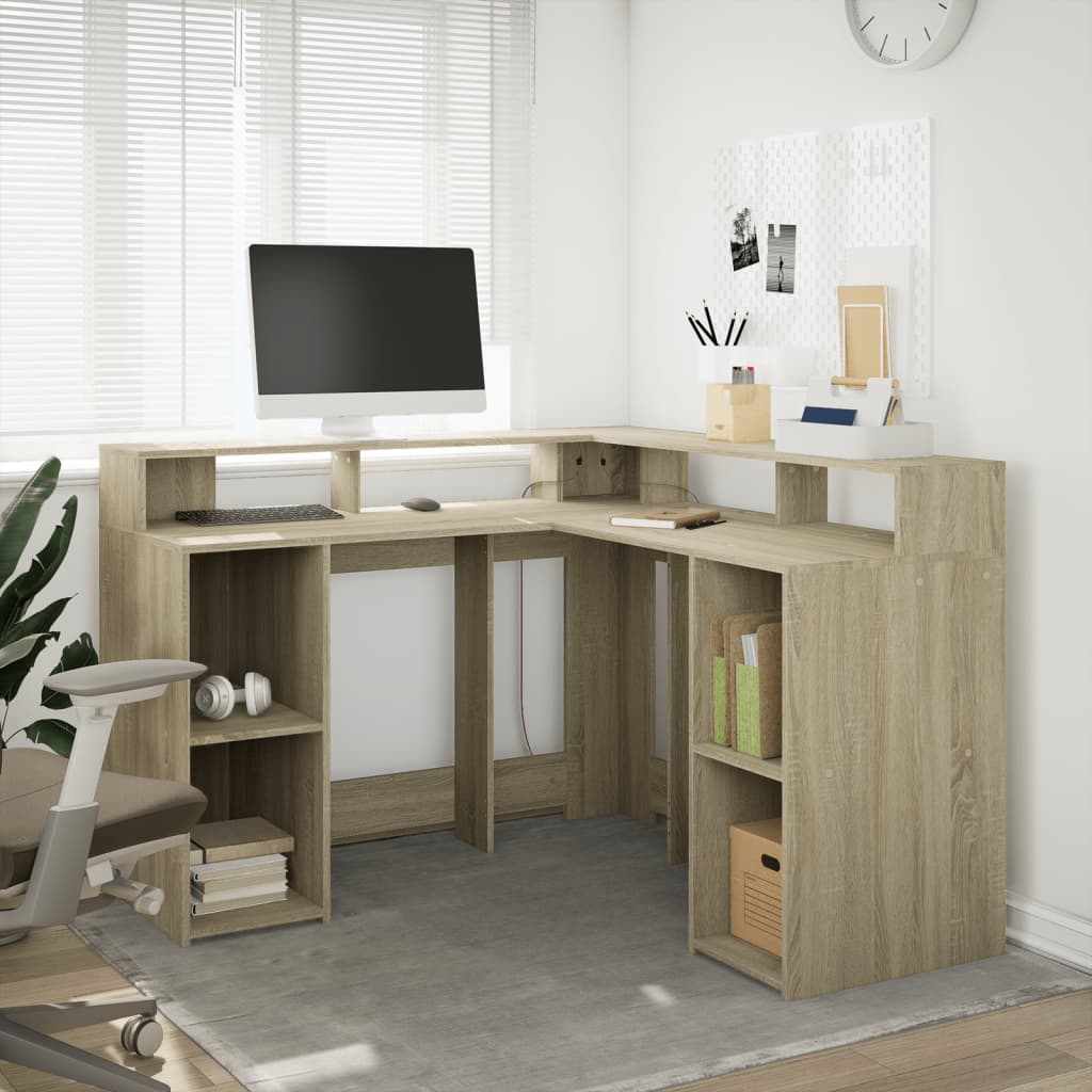 LED-Schreibtisch Weiß 130x130x91 cm Holzwerkstoff