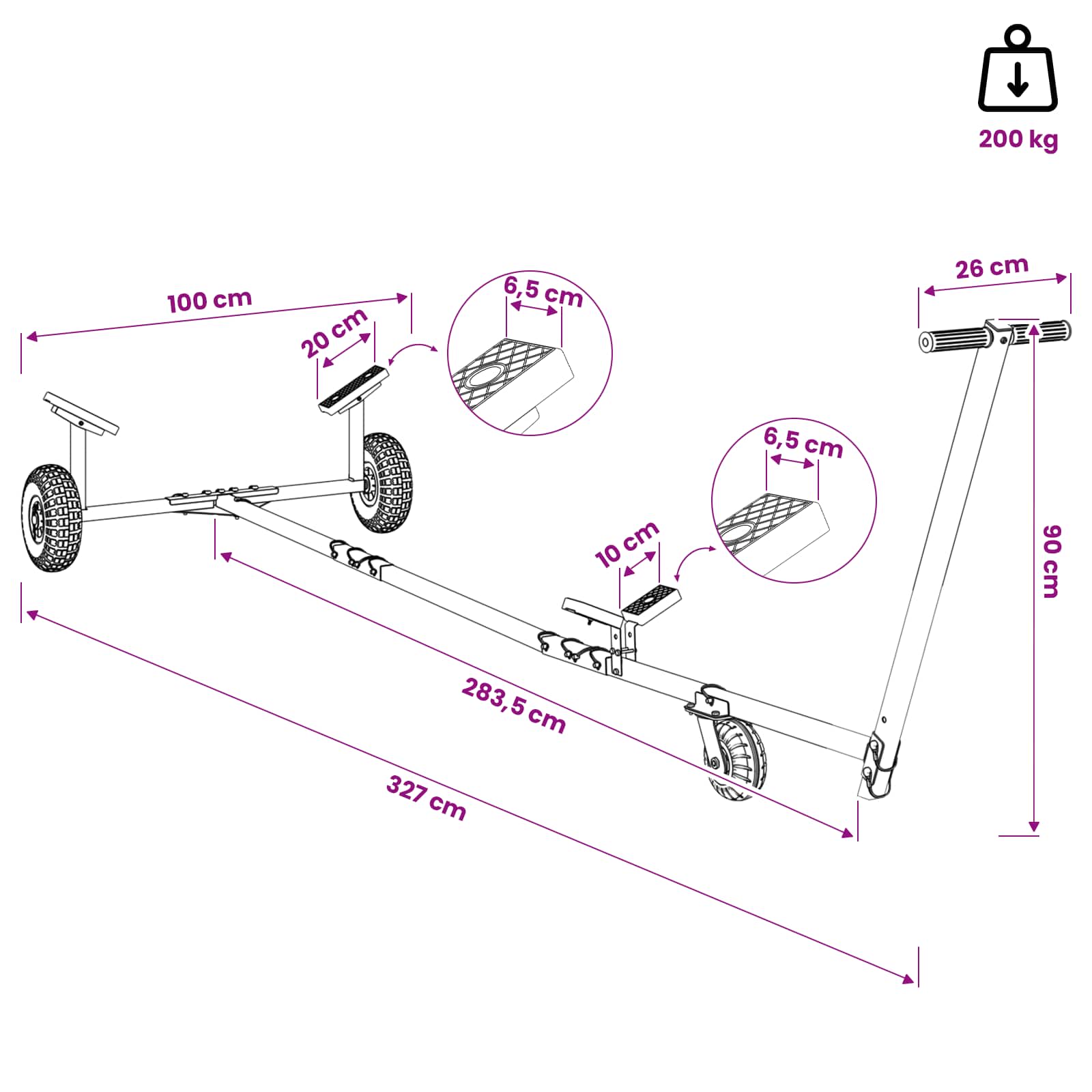 Verstellbarer Bootstrailer mit Luftreifen Belastbarkeit 200 kg Silber