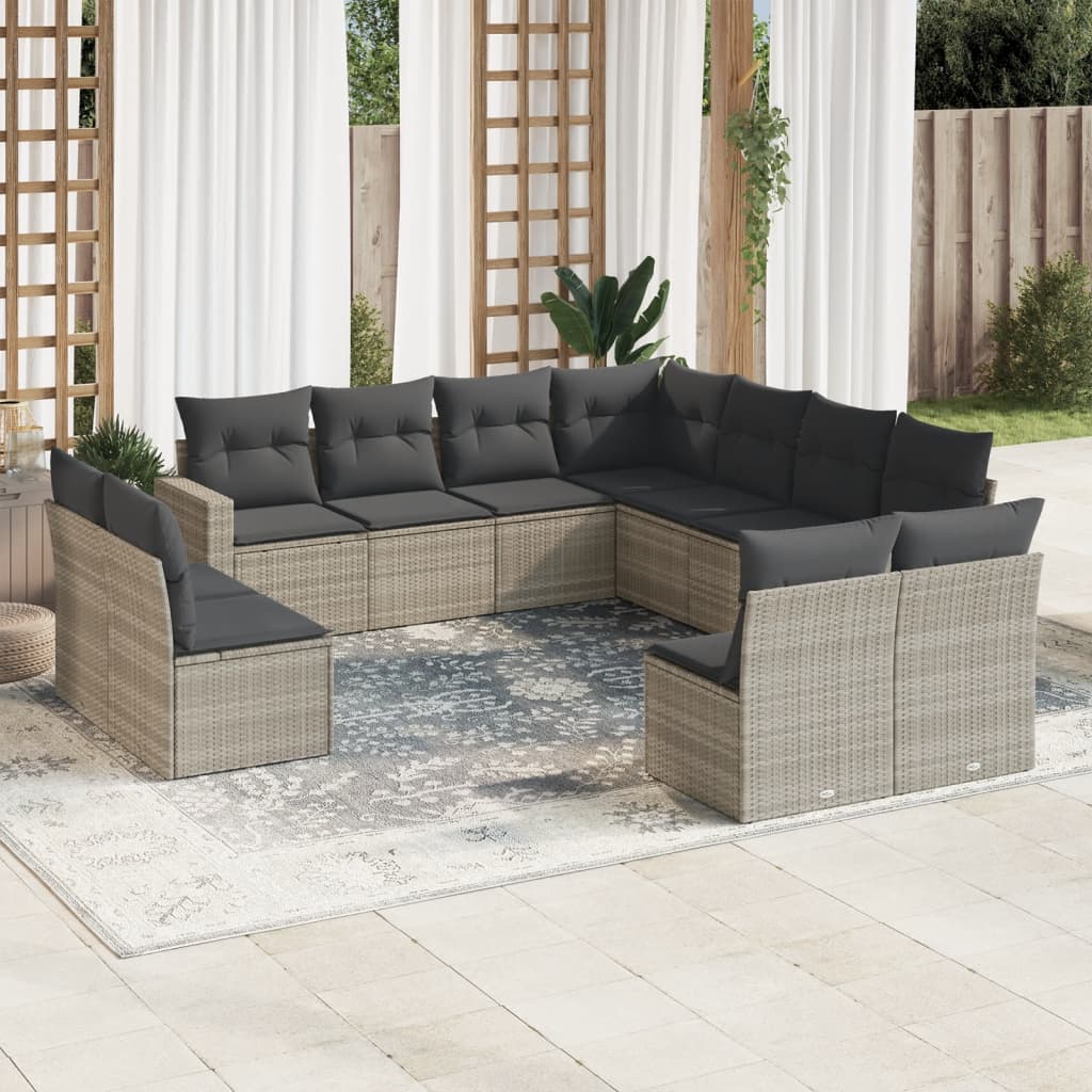 11-tlg. Garten-Sofagarnitur mit Kissen Schwarz Poly Rattan