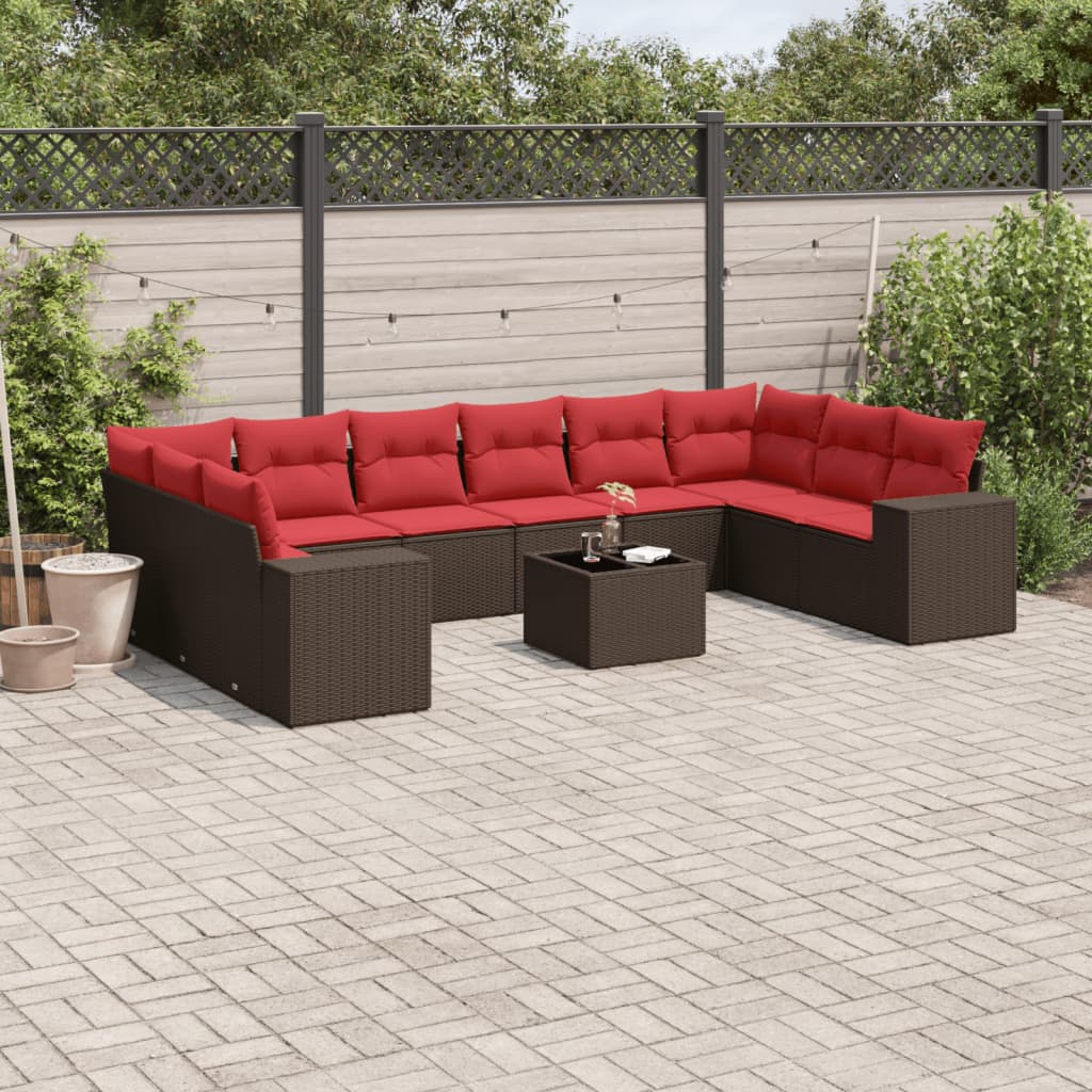 10-teiliges Gartensofa-Set mit Kissen, schwarzes Polyrattan
