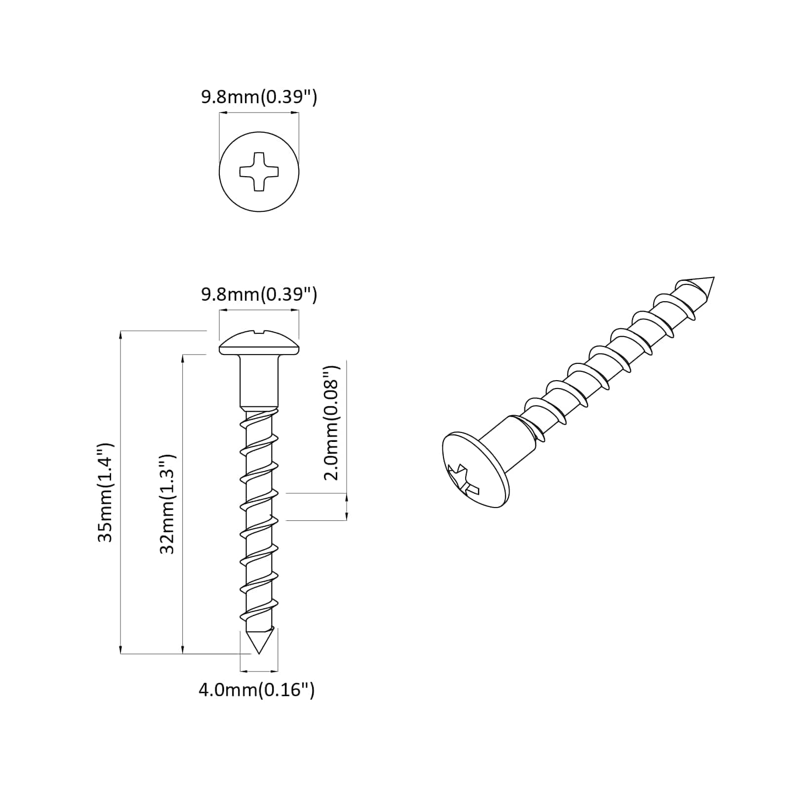 Schraube 2 pcs Silber 9,8 x 35 mm Eisen