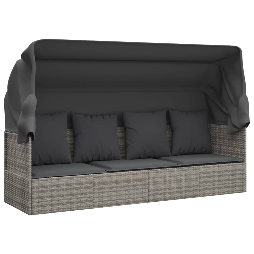 Outdoor-Loungebett mit Dach und Kissen Schwarz Poly Rattan