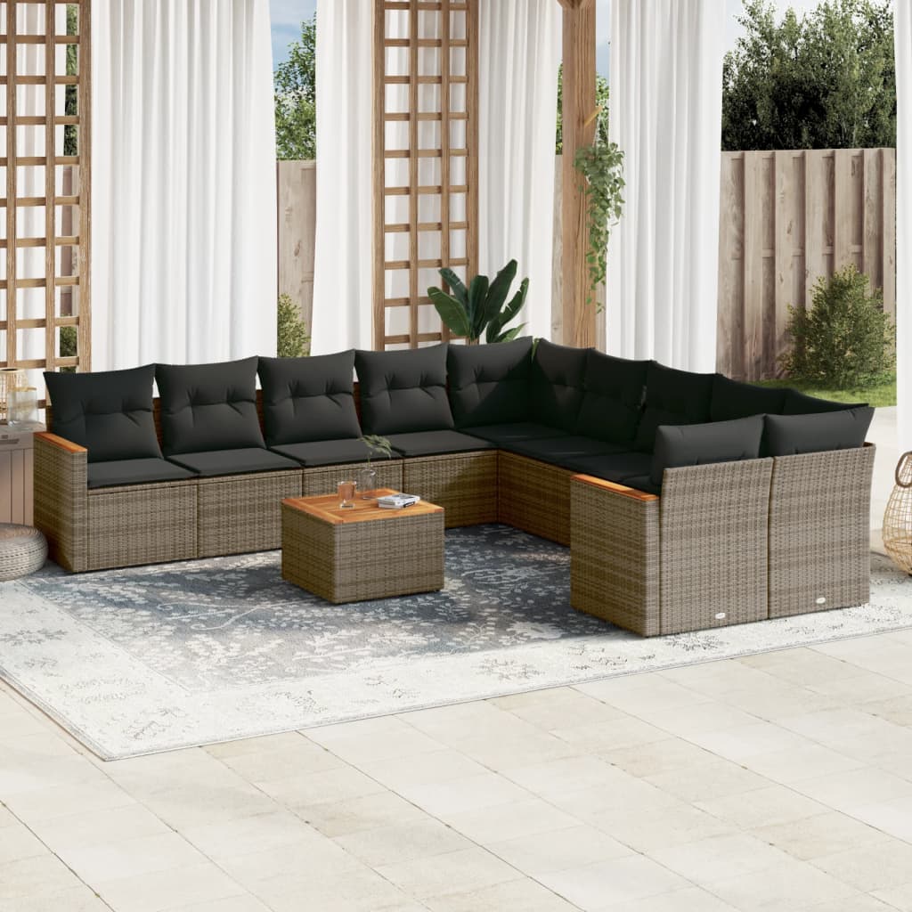 10-tlg. Garten-Sofagarnitur mit Kissen Schwarz Poly Rattan