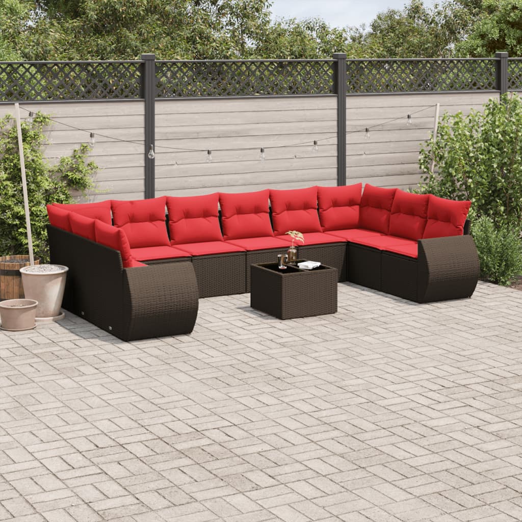 10-teiliges Gartensofa-Set mit Kissen, schwarzes Polyrattan