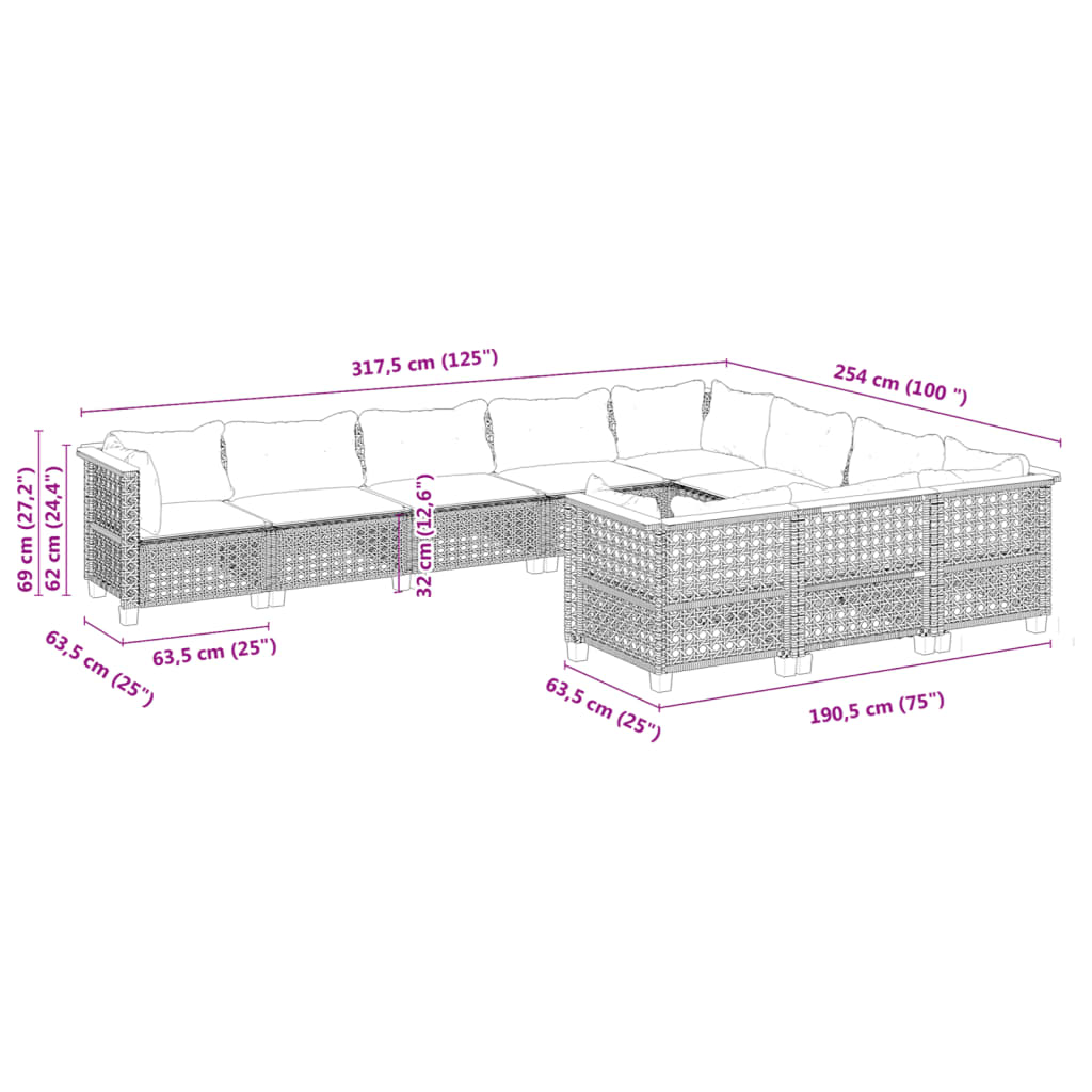 10-tlg. Garten-Sofagarnitur mit Kissen Beige Poly Rattan
