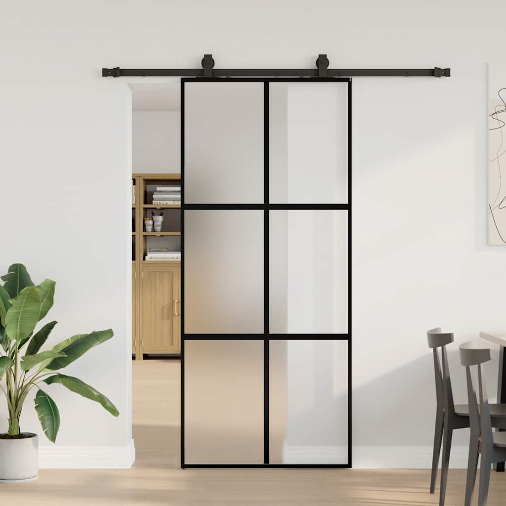 Schiebetür mit Beschlag Schwarz 76x205 cm Hartglas