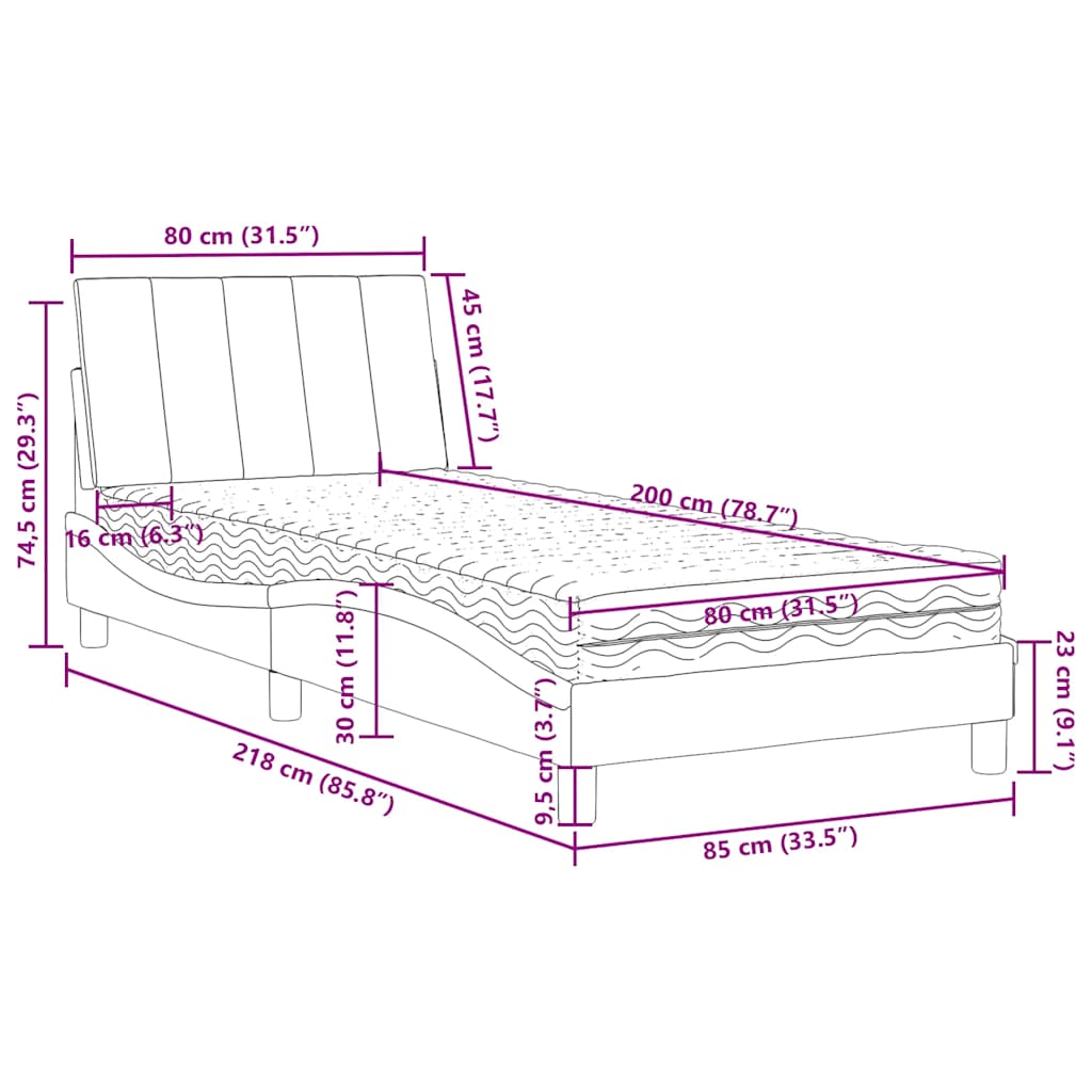 Bett mit Matratze "Hanko" Hellgrau 80x200 cm Samt