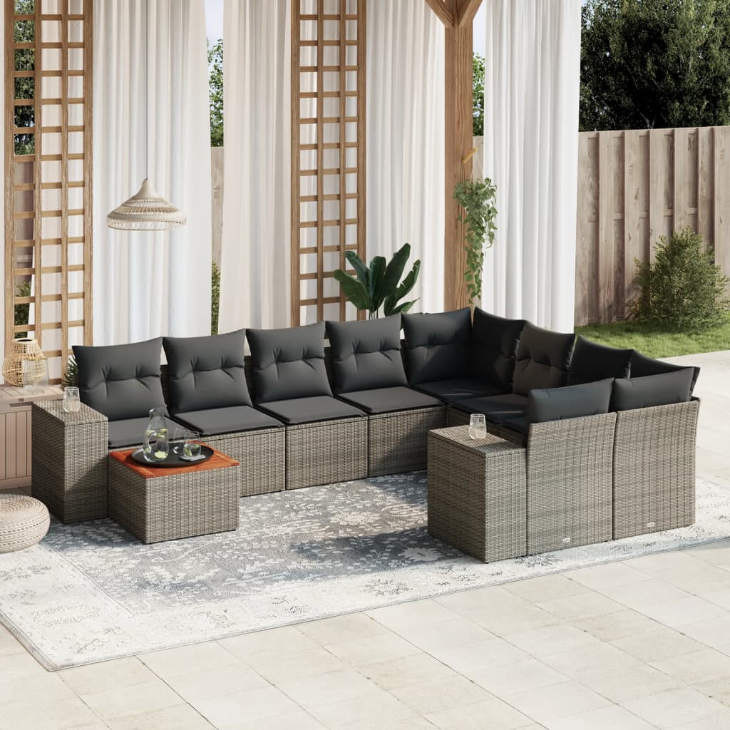 10-tlg. Garten-Sofagarnitur mit Kissen Schwarz Poly Rattan