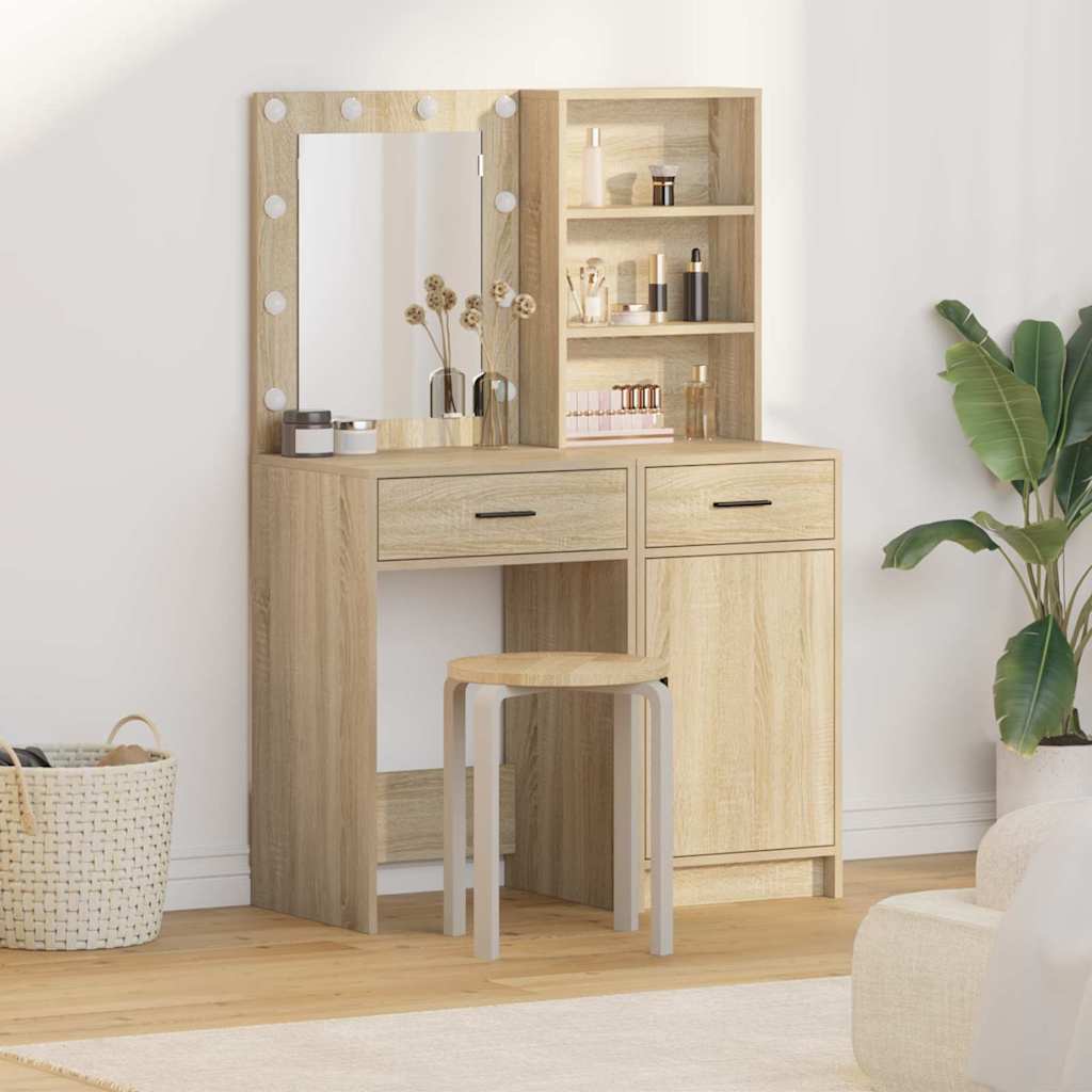 Schminktischset mit LED mit Schubladen 2 pcs Weiß Holzwerkstoff