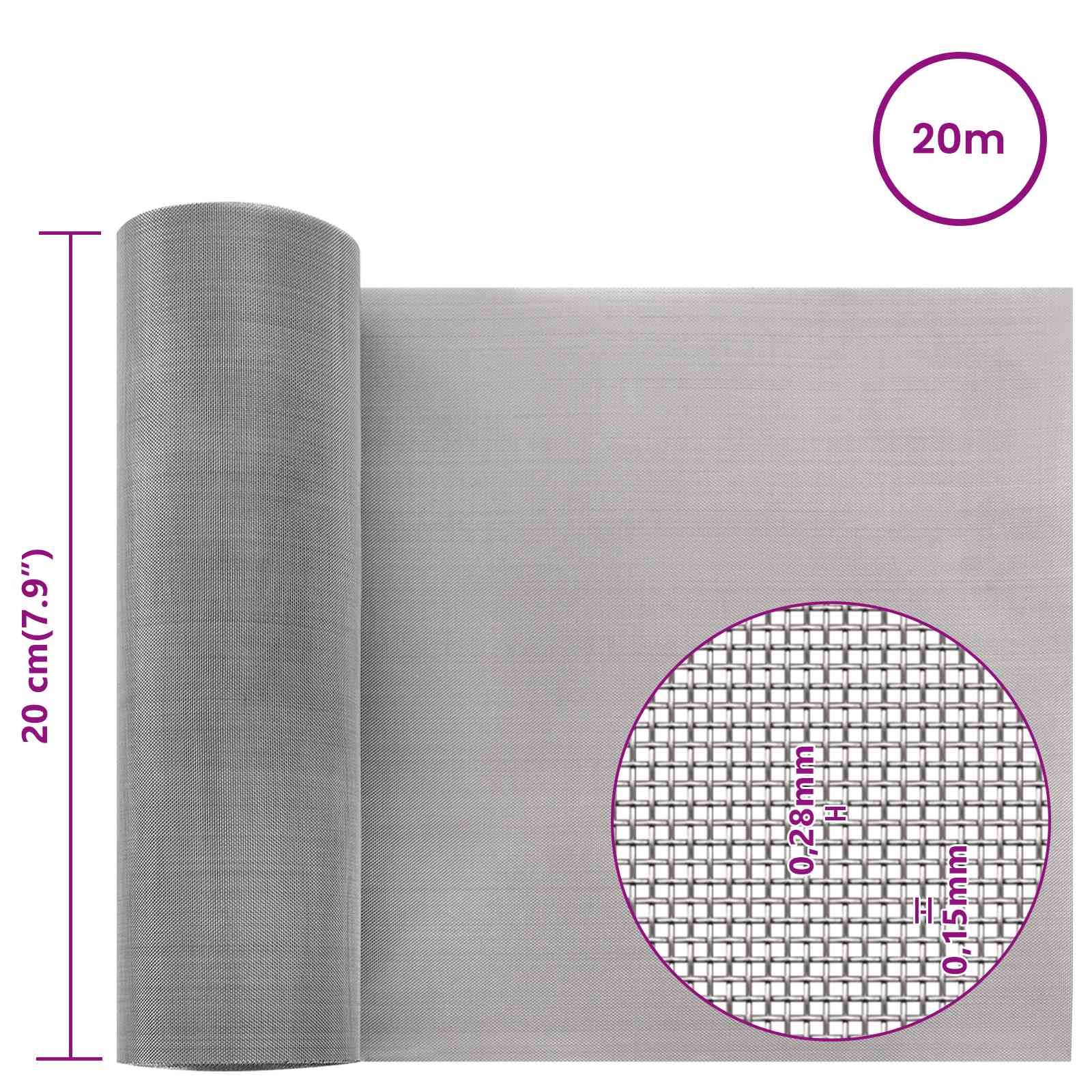 Mesh Bildschirm 20 x 500 cm 20 Mesh Edelstahl 201 Silber