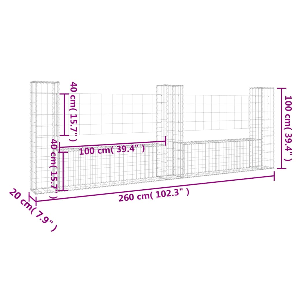Gabionenkorb U-Form mit 2 Säulen Eisen 140x20x150 cm