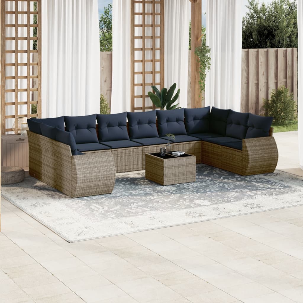 10-teiliges Gartensofa-Set mit Kissen, schwarzes Polyrattan