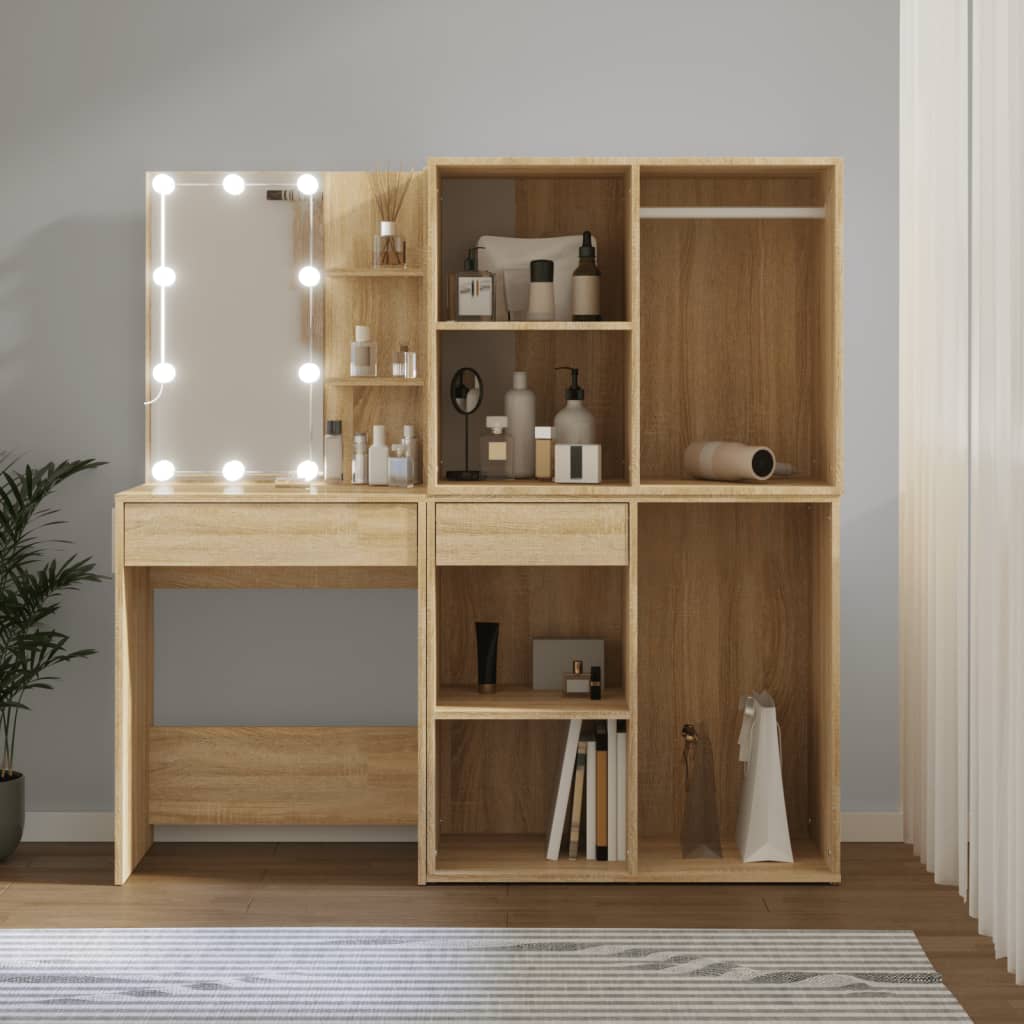 LED-Schminktisch mit 2 Schränken Weiß Holzwerkstoff