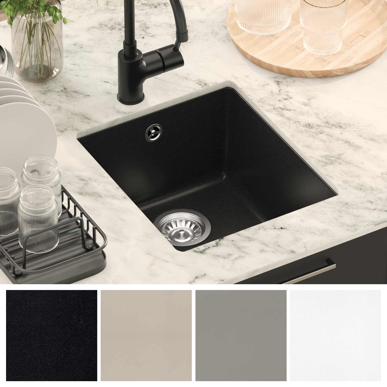 Waschbecken Schwarz 370 x 460 mm 80% Quarz und 20% Harz