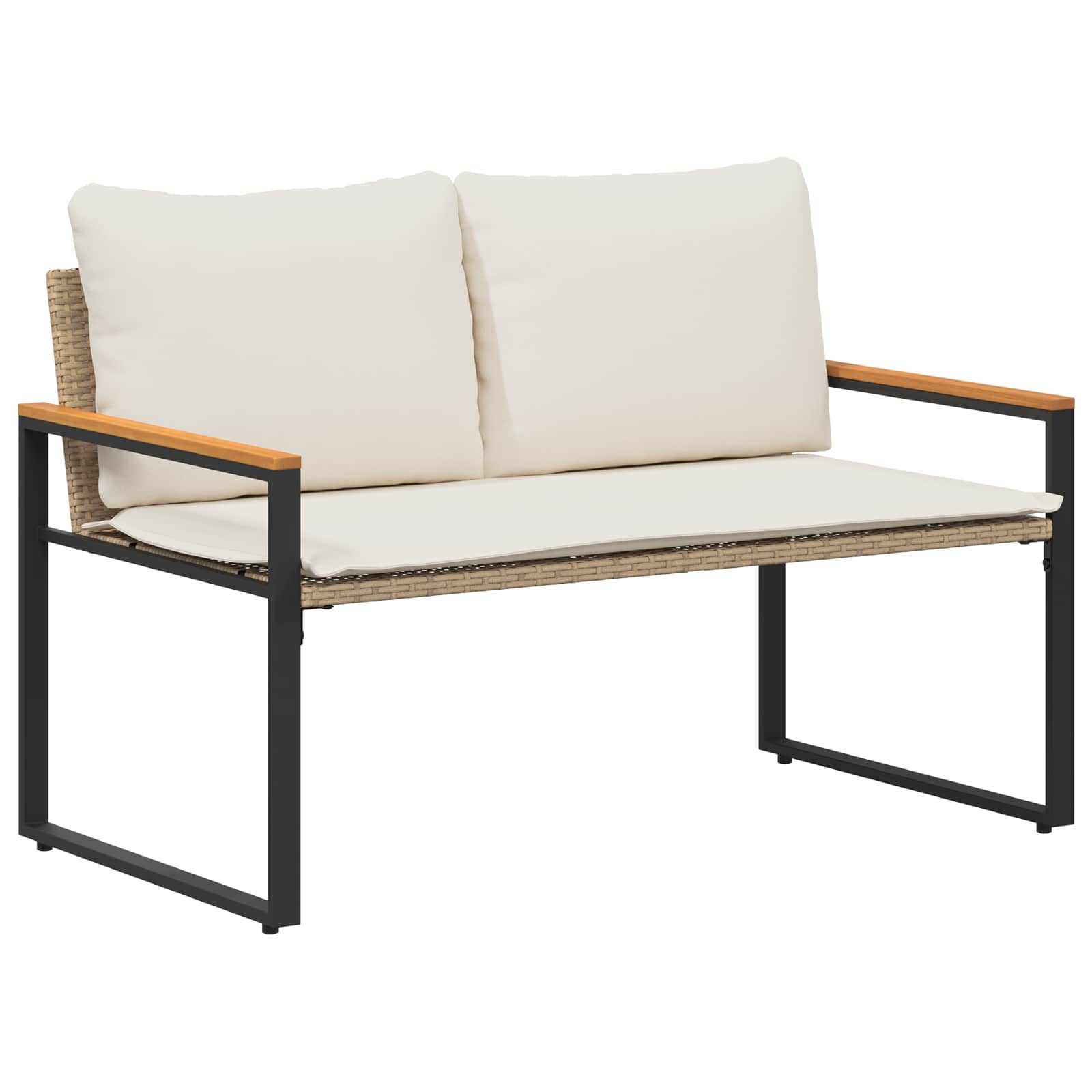 Bank mit Kissen Schwarz und Cremeweiß 115 x 65 x 72 cm Rattan