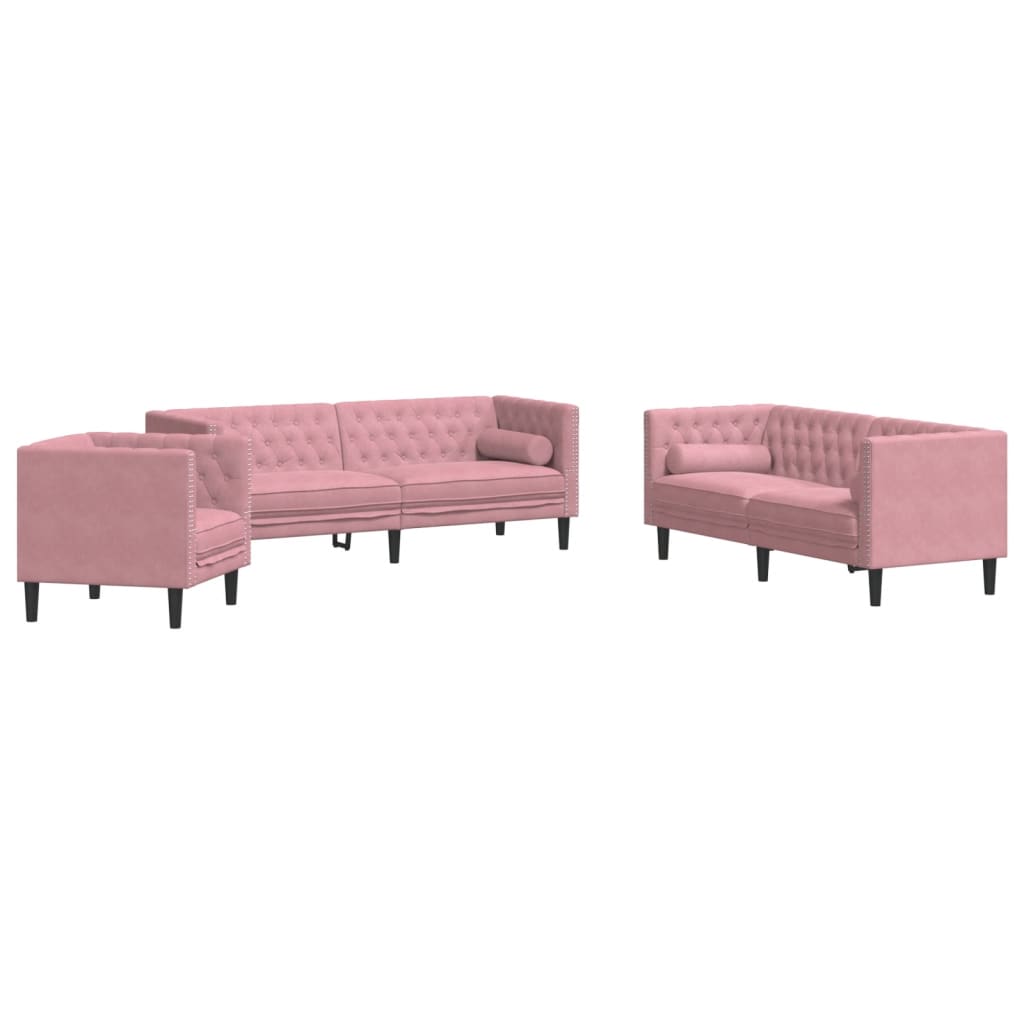 3-tlg. Chesterfield-Sofa-Set mit Nackenrollen Hellgrau Samt
