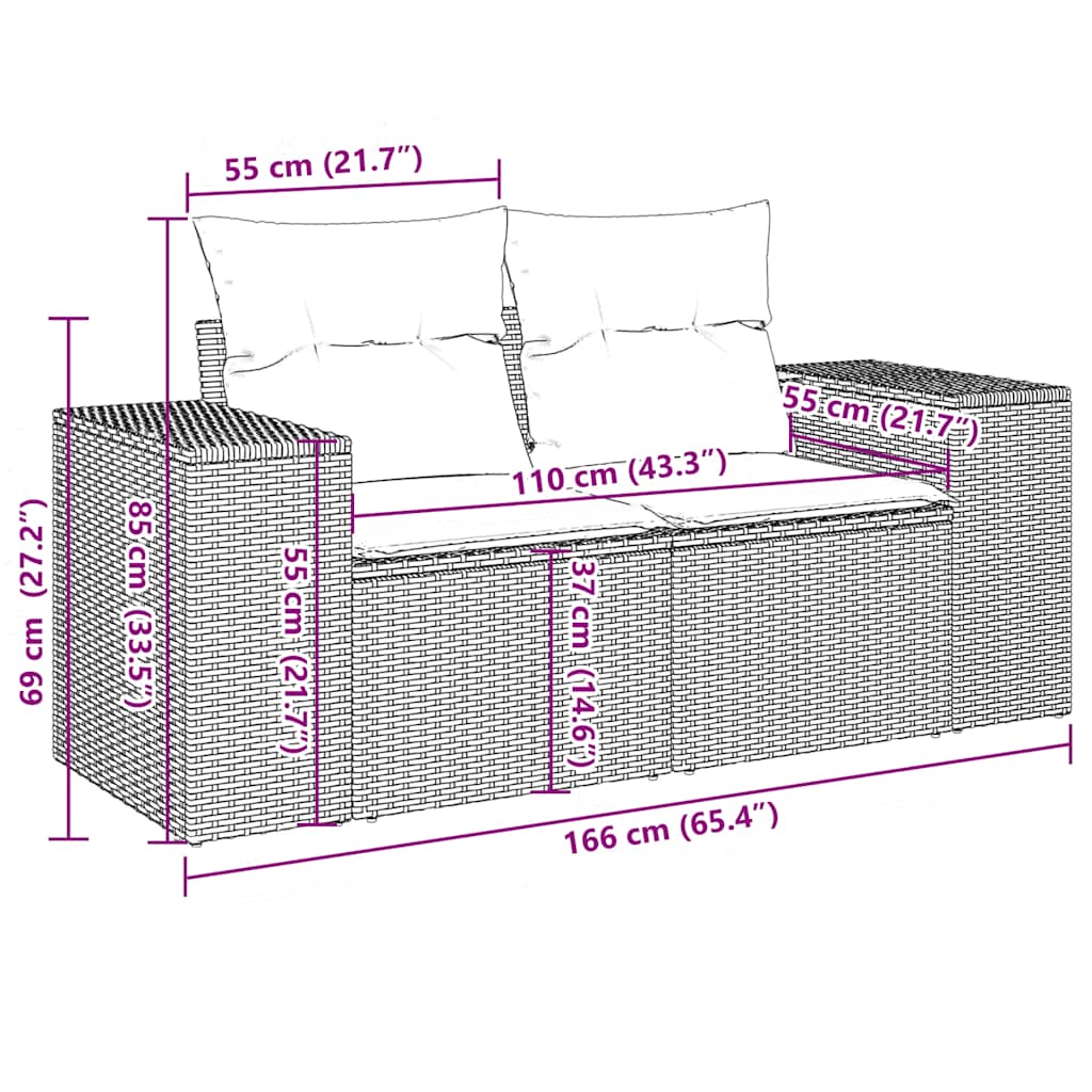 10-teiliges Gartensofa-Set mit Kissen, schwarzes Polyrattan