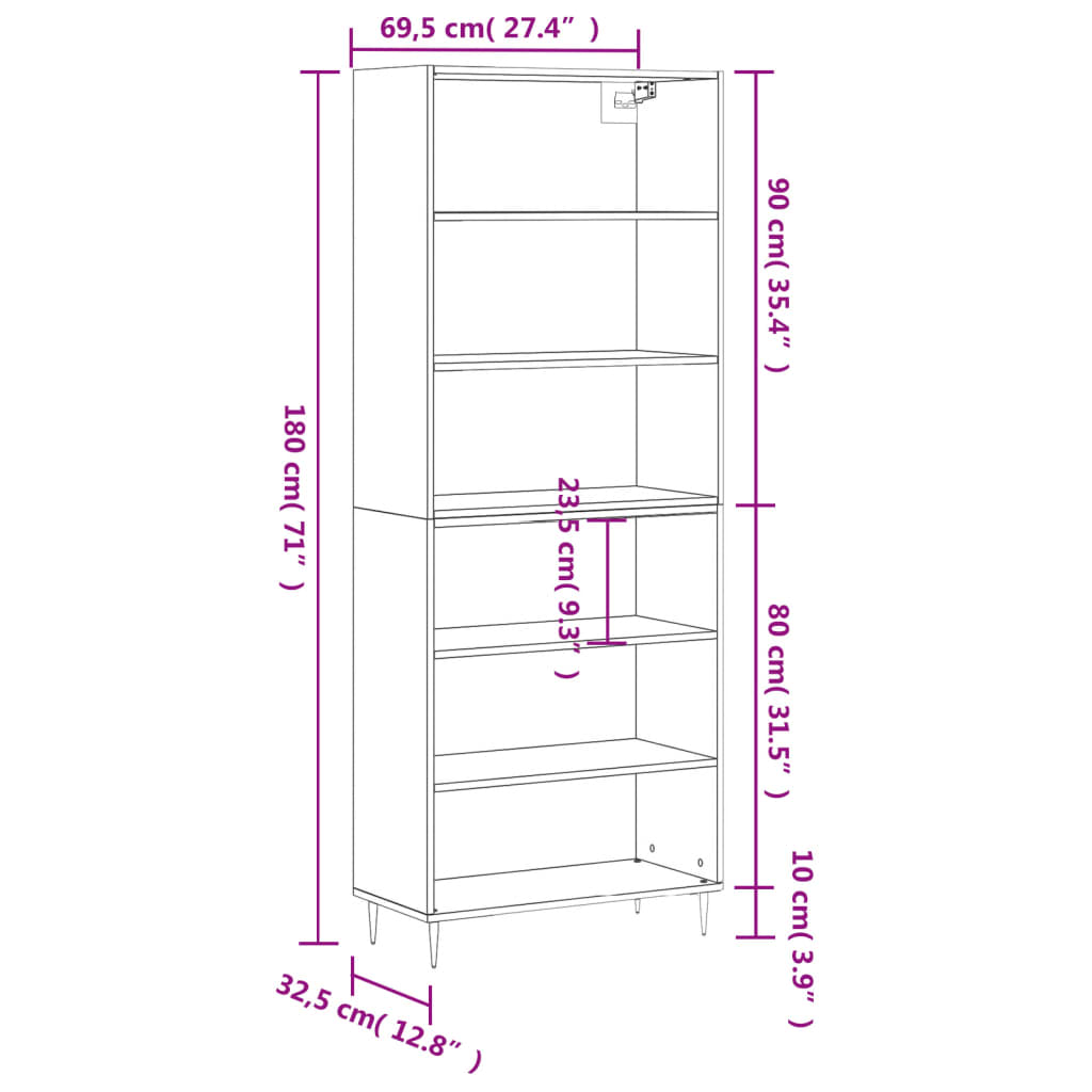 Highboard Hochglanz-Weiß 69,5x34x180 cm Holzwerkstoff