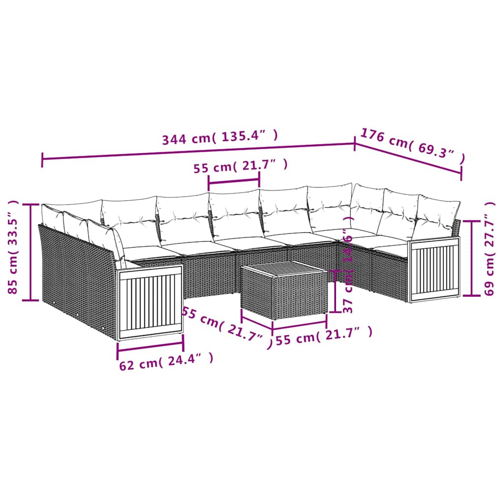 10-teiliges Gartensofa-Set mit Kissen, schwarzes Polyrattan