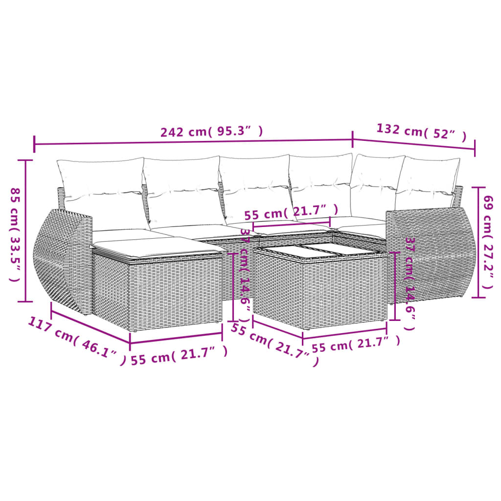 6-teiliges Gartensofa-Set mit Kissen, schwarzes Polyrattan