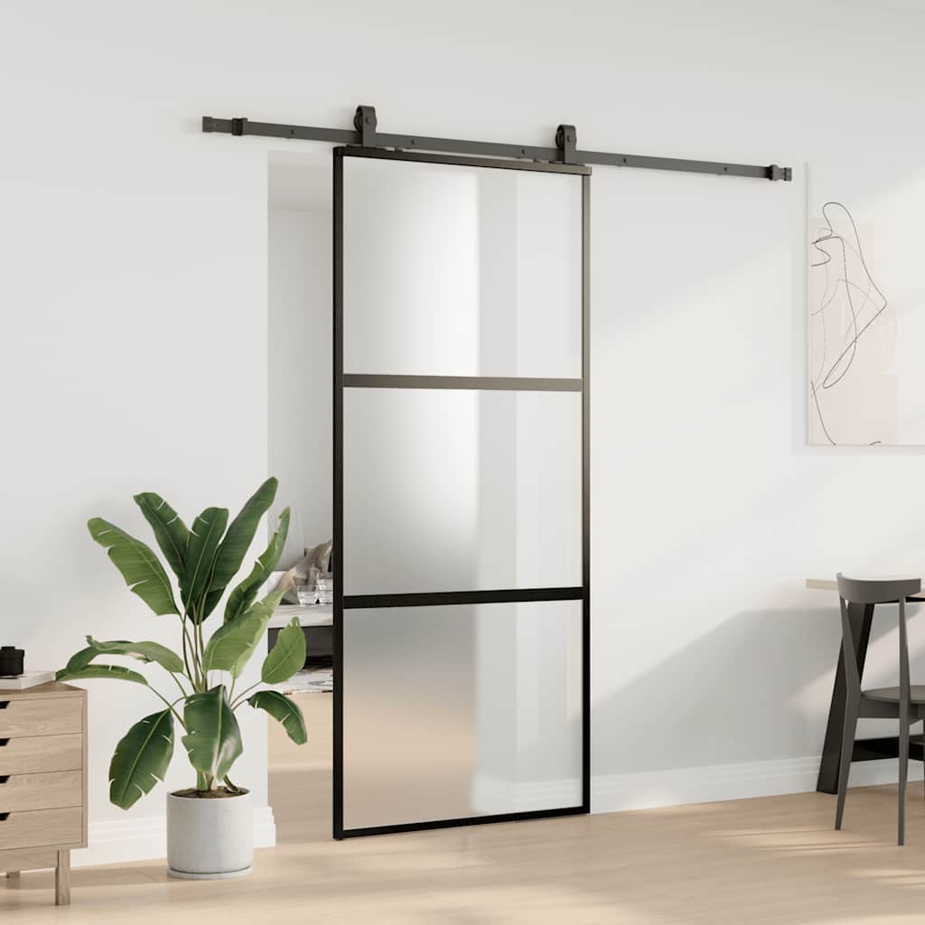 Schiebetür mit Beschlag Schwarz 76x205 cm Hartglas