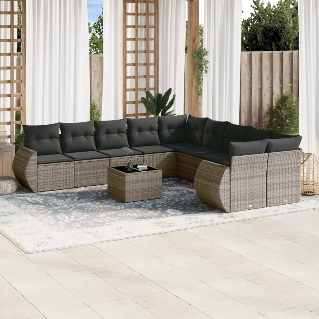 10-tlg. Garten-Sofagarnitur mit Kissen Schwarz Poly Rattan