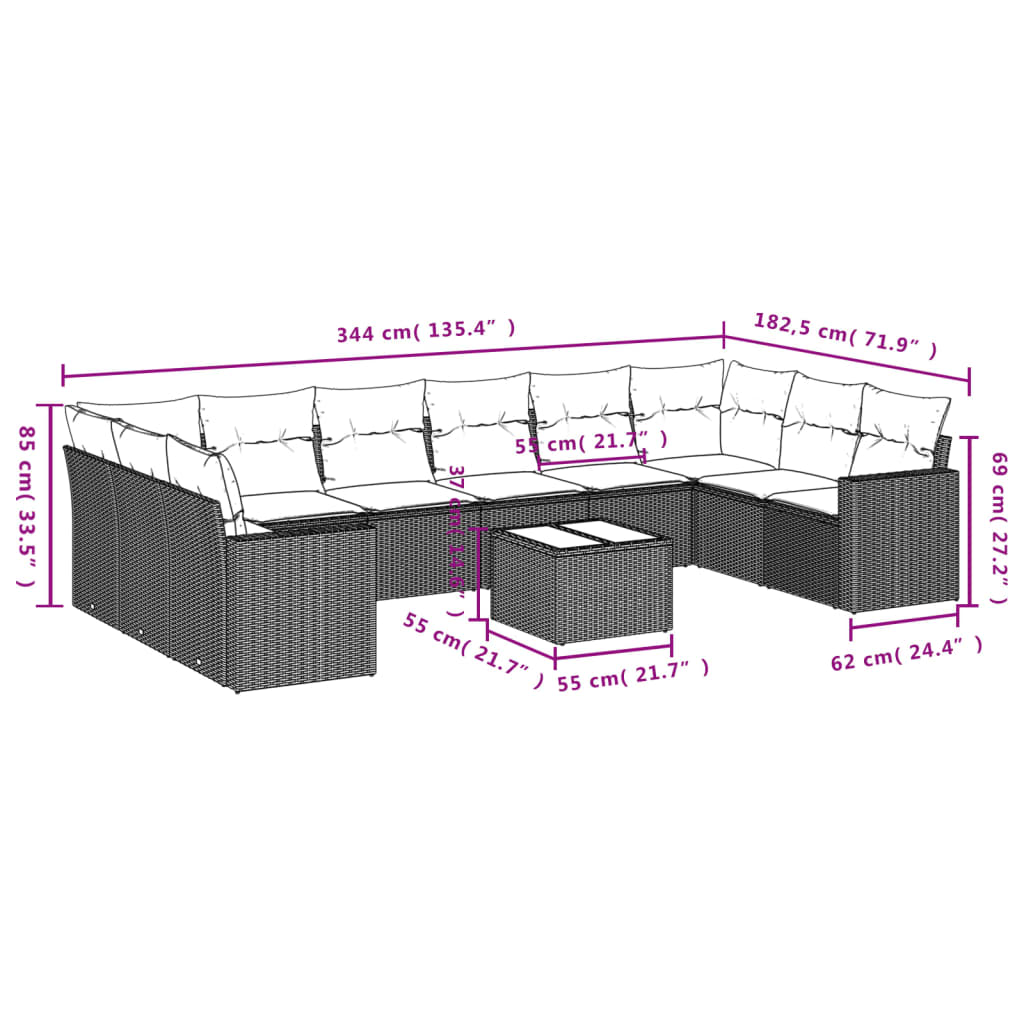 10-tlg. Garten-Sofagarnitur mit Kissen Schwarz Poly Rattan