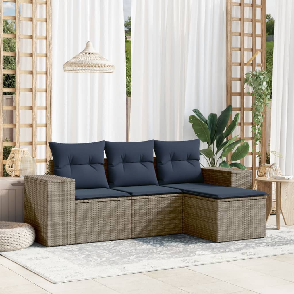 4-teiliges Gartensofa-Set mit Kissen, schwarzes Polyrattan