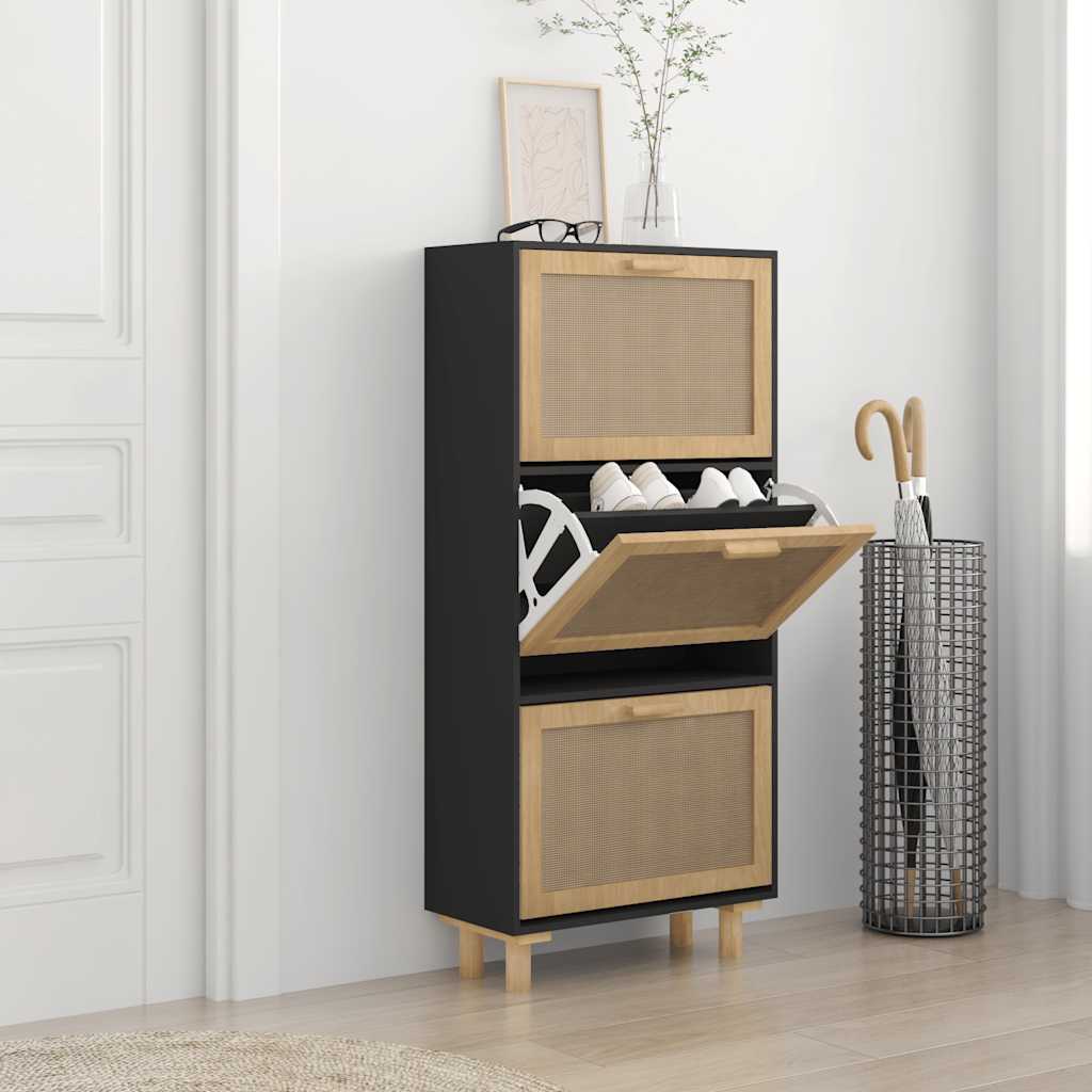 Schuhschrank Weiß 52x25x115 cm Holzwerkstoff & Rattan Natur