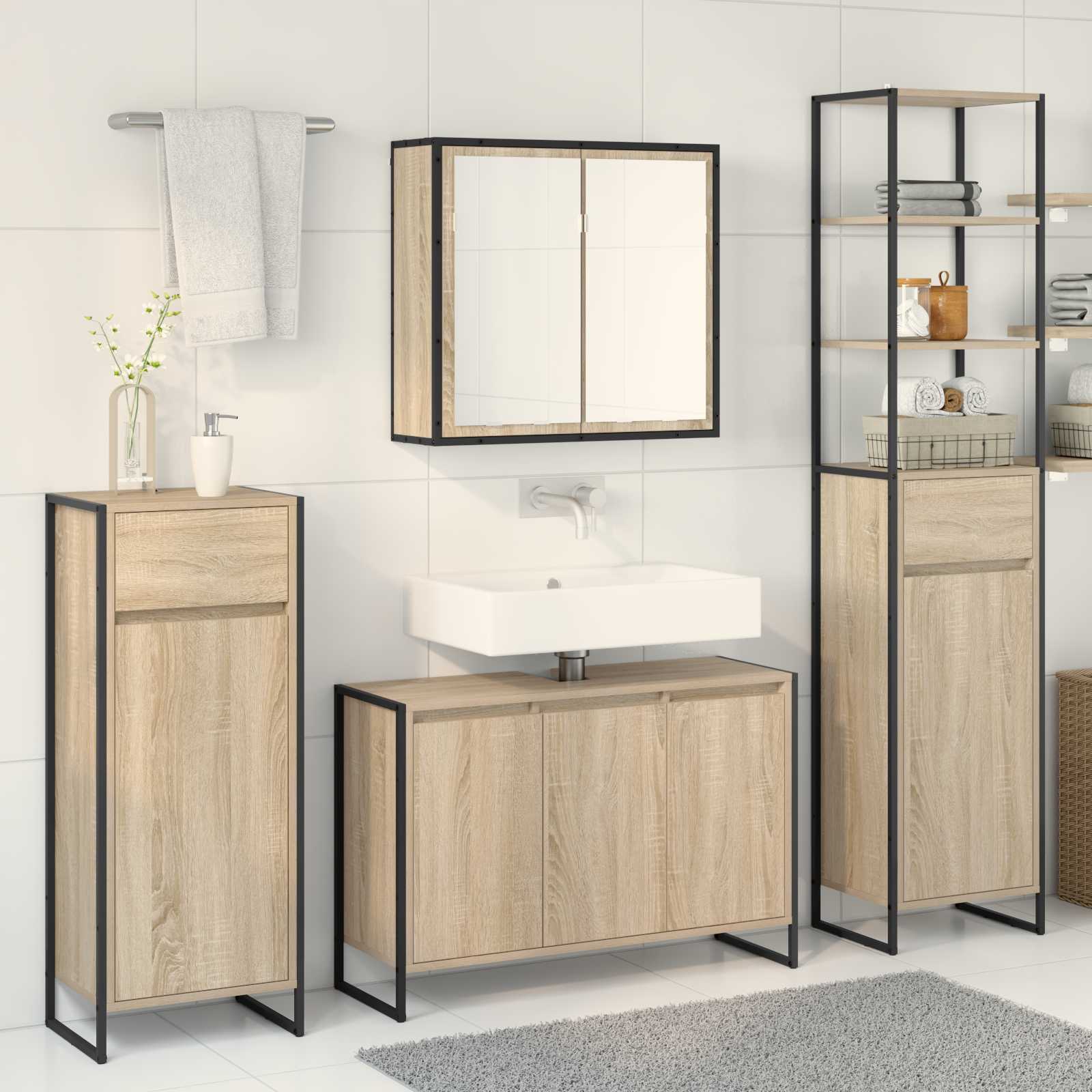 Badezimmermöbel-Set mit Tür Schwarz Eichen-Optik Holzwerkstoff