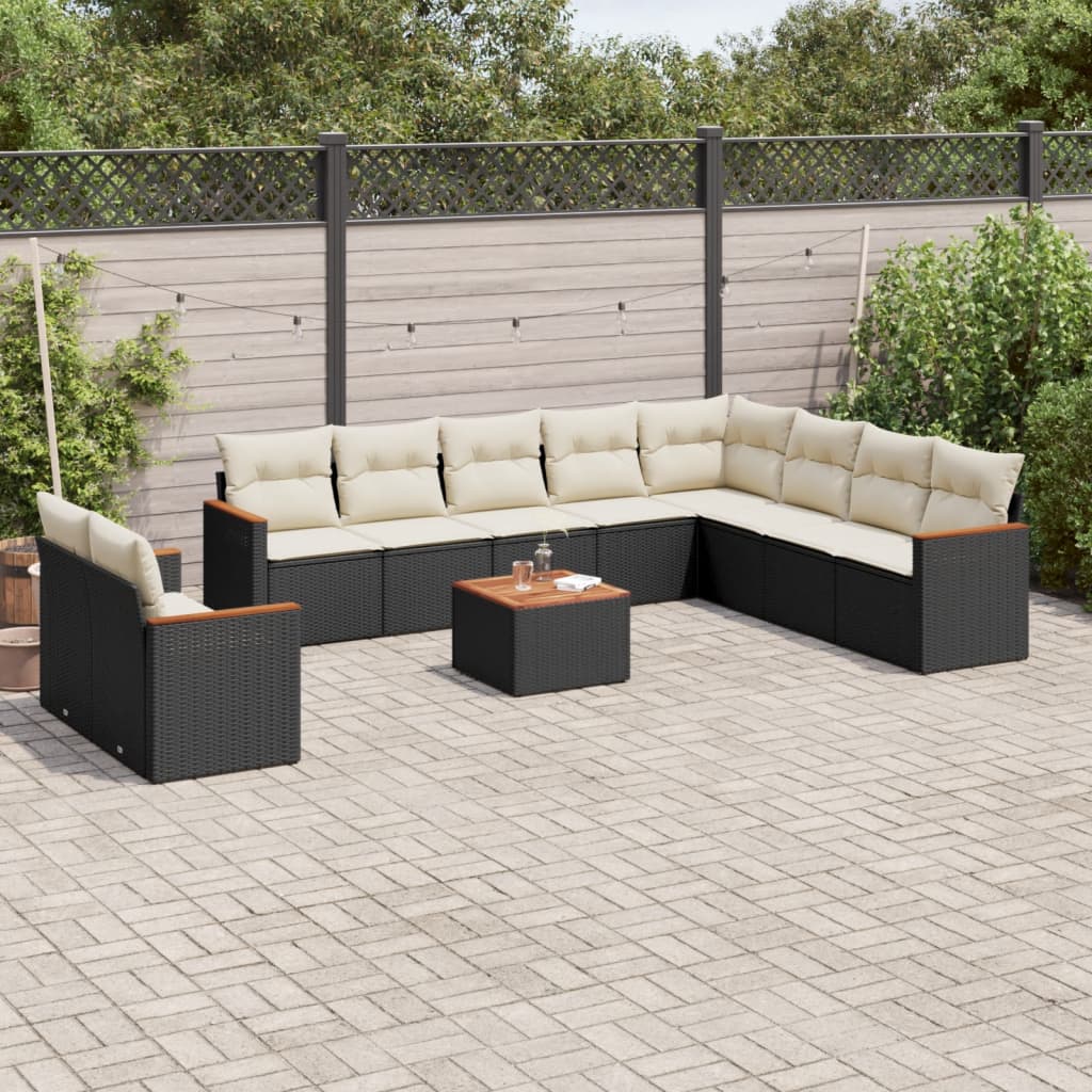 10-tlg. Garten-Sofagarnitur mit Kissen Schwarz Poly Rattan