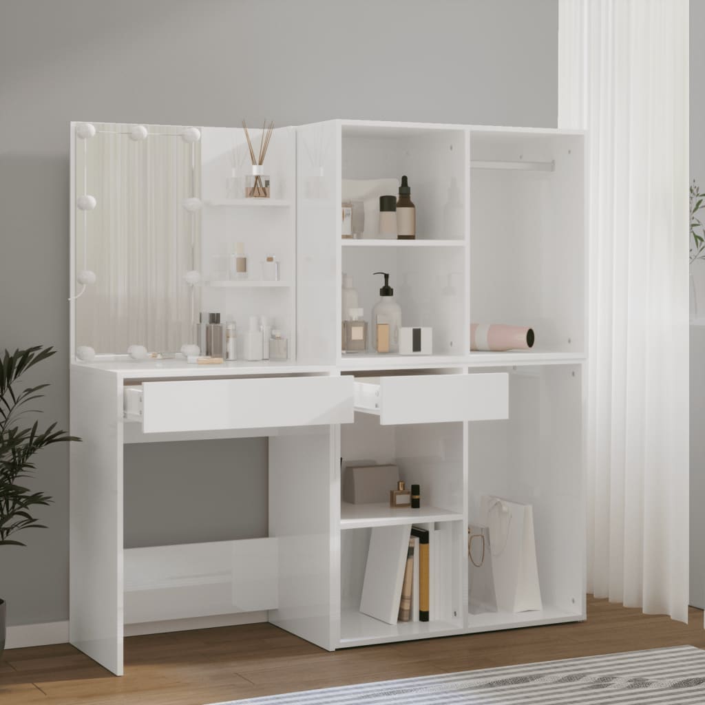 LED-Schminktisch mit 2 Schränken Weiß Holzwerkstoff