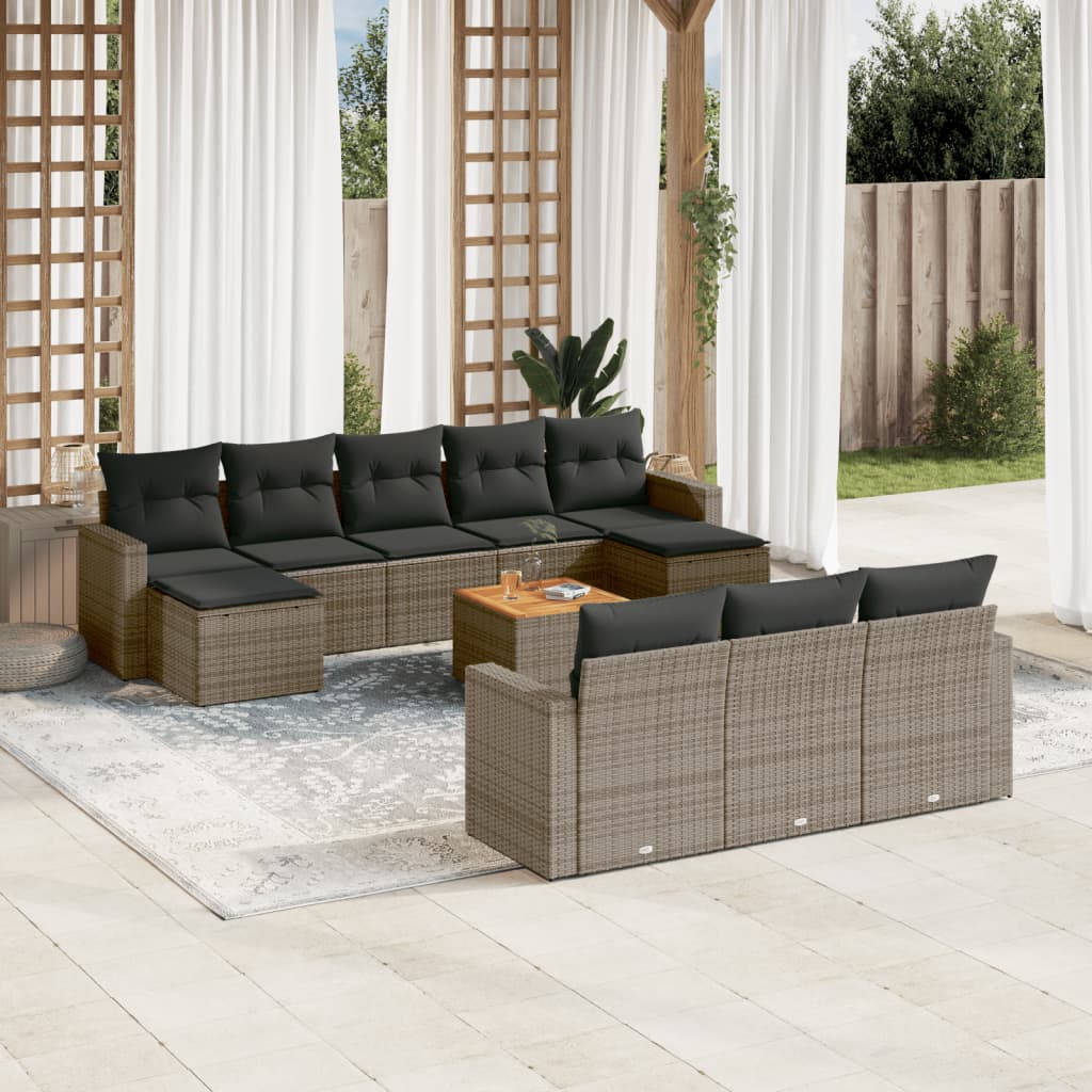 11-tlg. Garten-Sofagarnitur mit Kissen Schwarz Poly Rattan