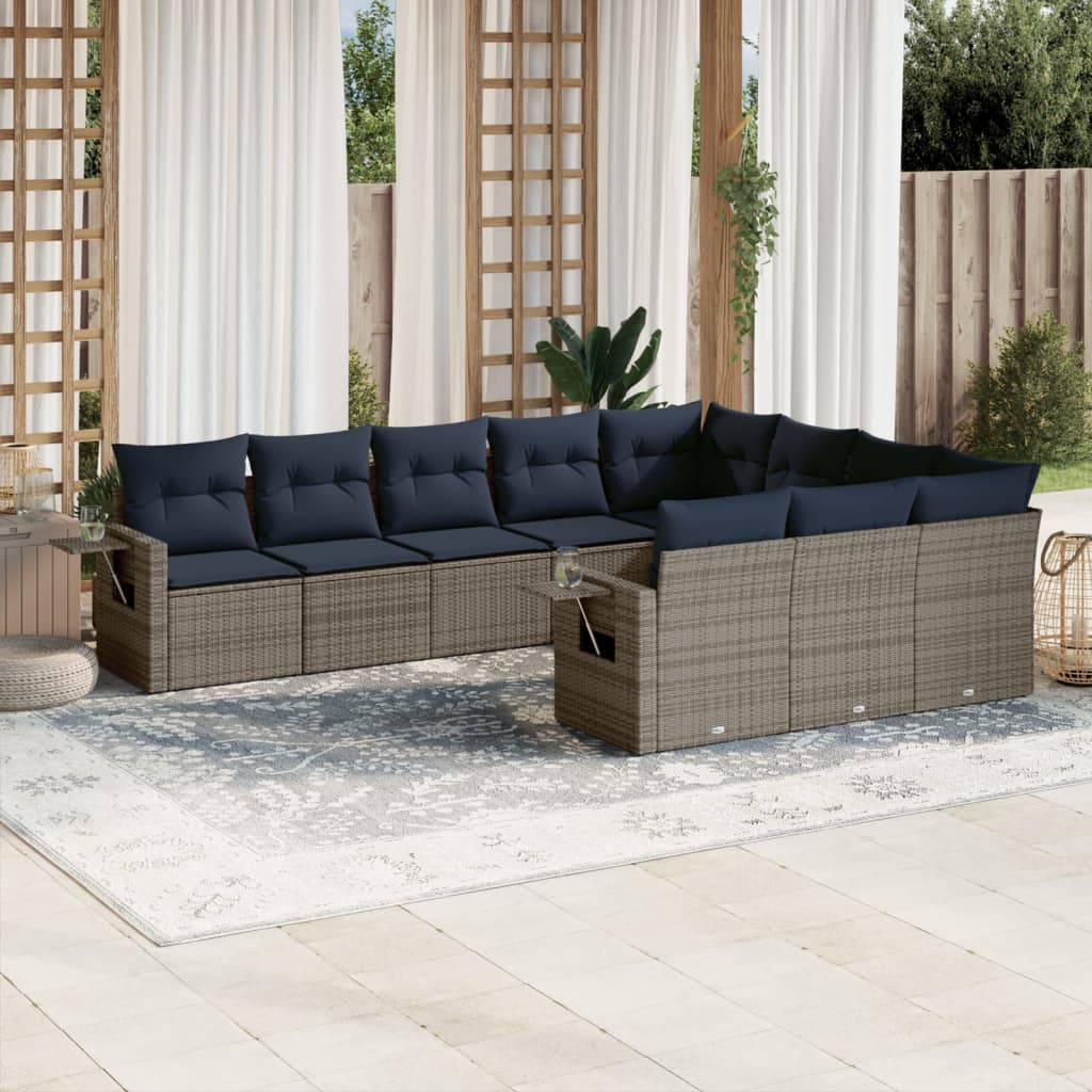 10-teiliges Gartensofa-Set mit Kissen, schwarzes Polyrattan