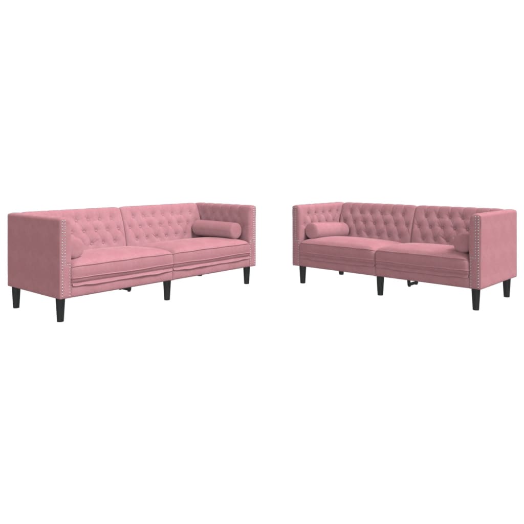 3-tlg. Chesterfield-Sofa-Set mit Nackenrollen Hellgrau Samt