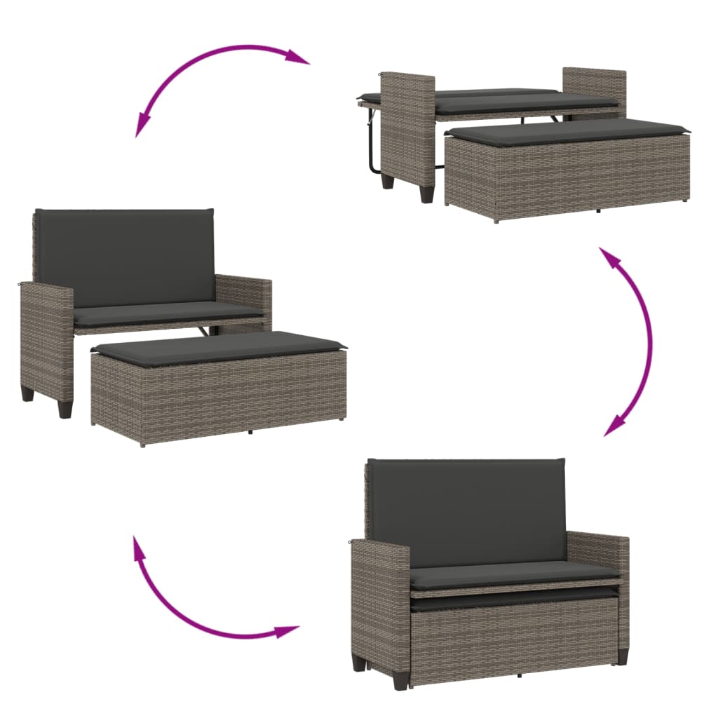 Gartenbank mit Kissen und Hocker Schwarz Poly Rattan