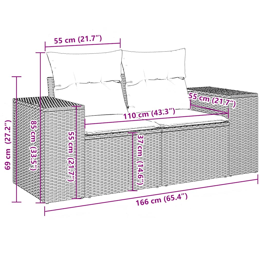 10-teiliges Gartensofa-Set mit Kissen, schwarzes Polyrattan