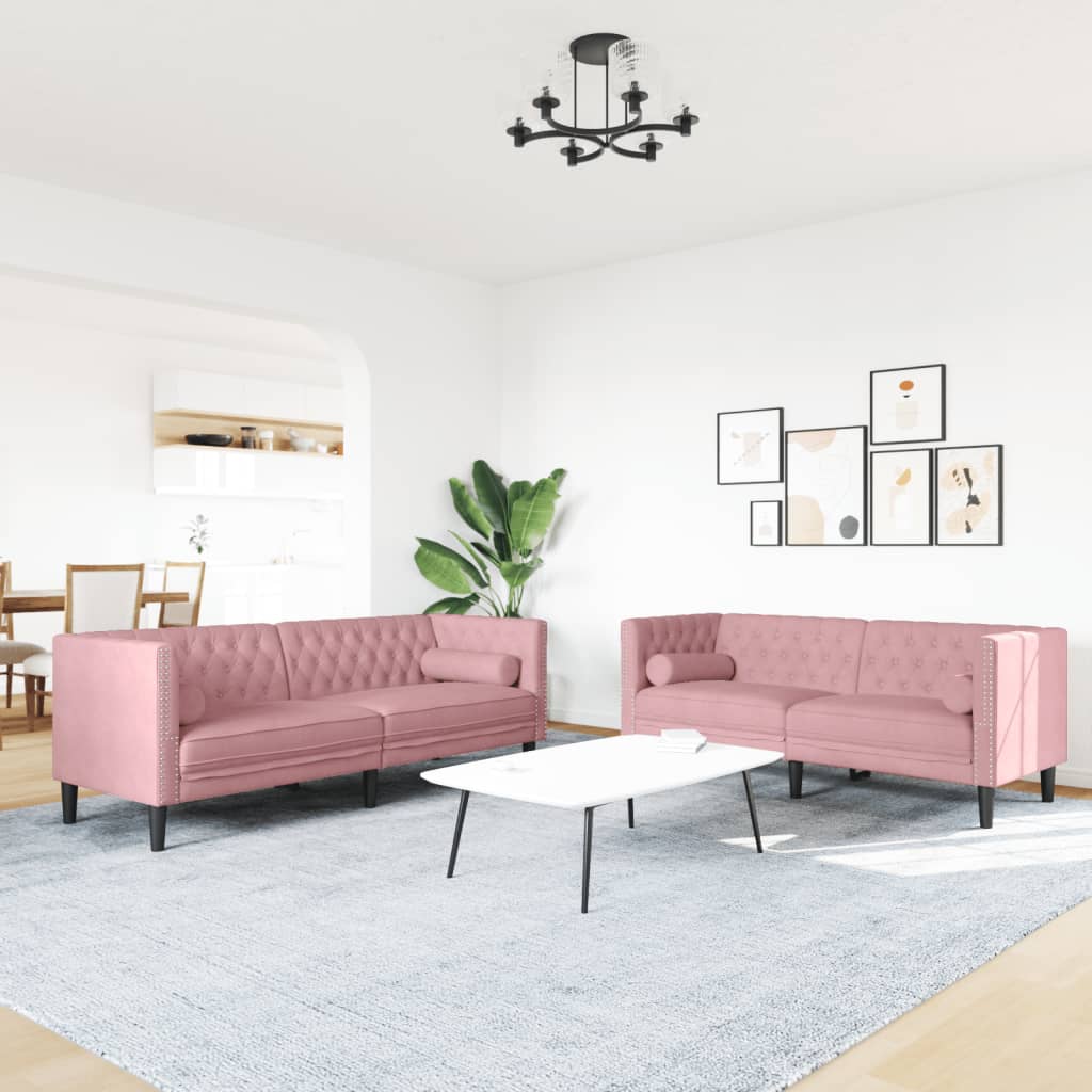 3-tlg. Chesterfield-Sofa-Set mit Nackenrollen Hellgrau Samt