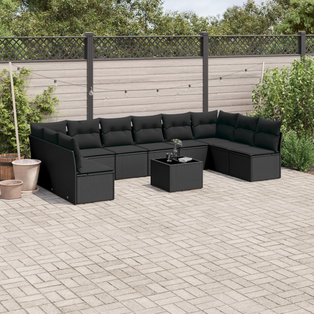 10-tlg. Garten-Sofagarnitur mit Kissen Schwarz Poly Rattan