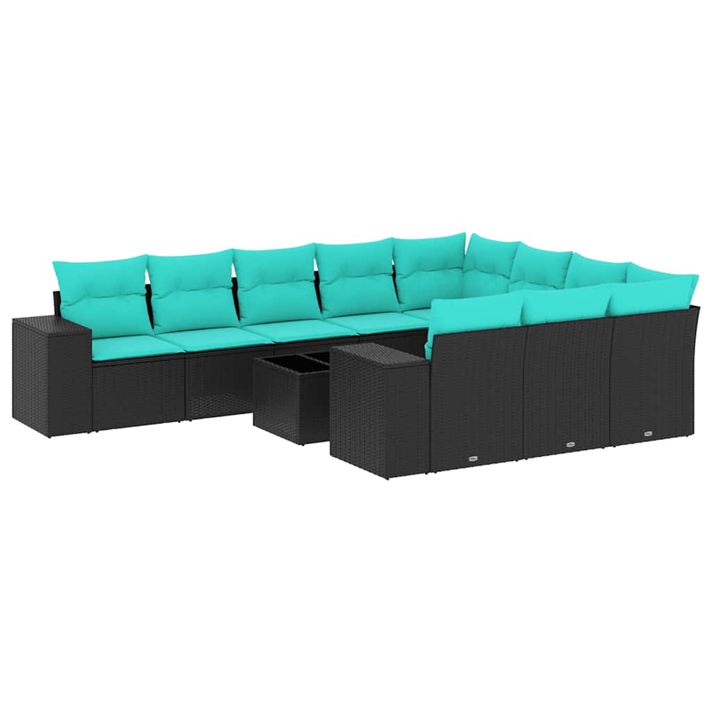 10-teiliges Gartensofa-Set mit Kissen, schwarzes Polyrattan