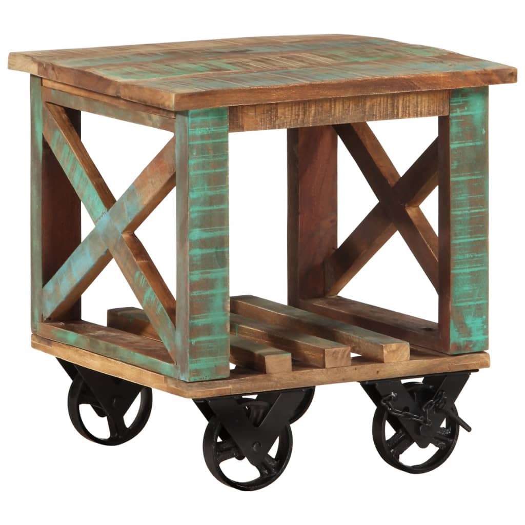 Beistelltisch mit Rädern 40x40x42 cm Raues Mangoholz