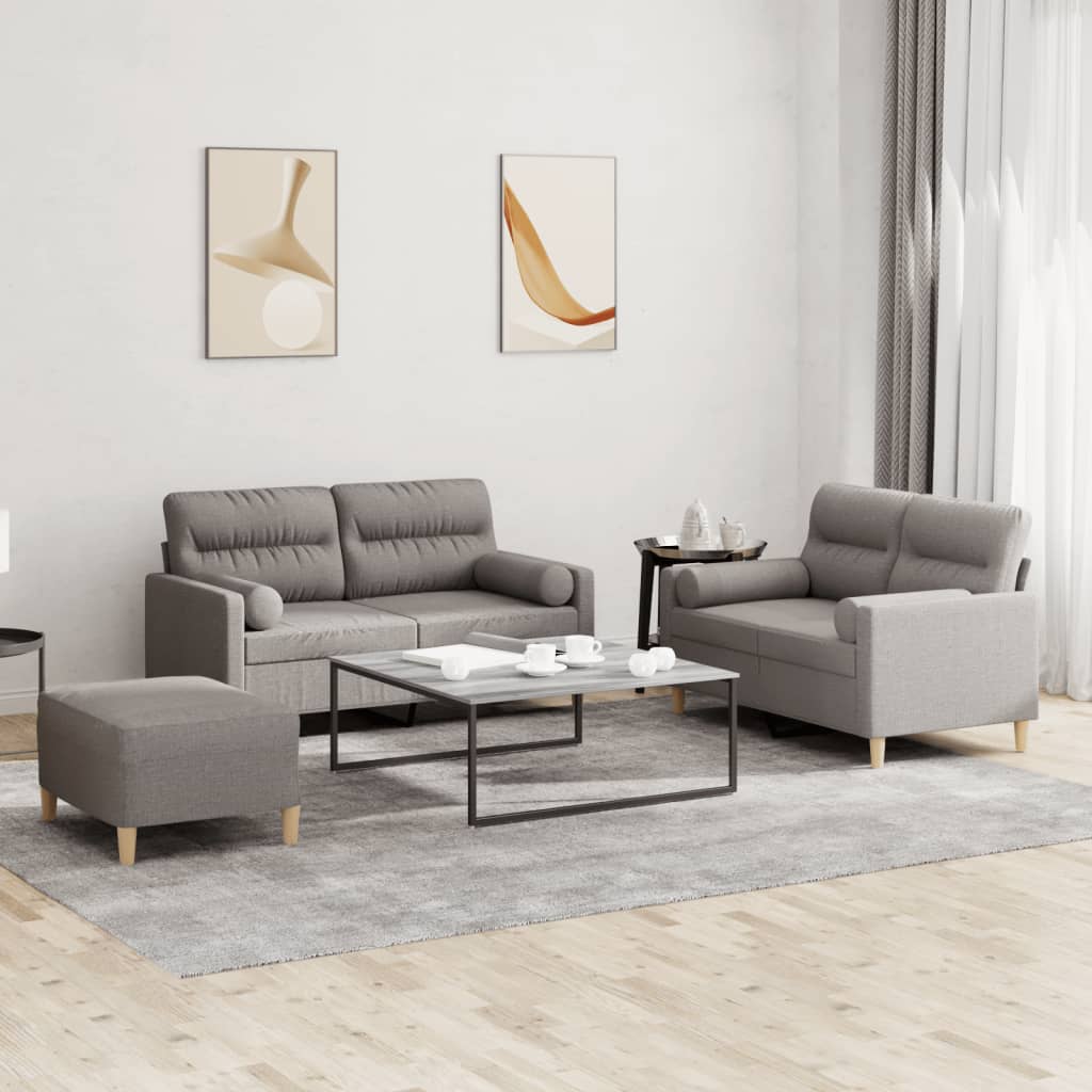 3-tlg. Sofagarnitur mit Kissen Creme Stoff