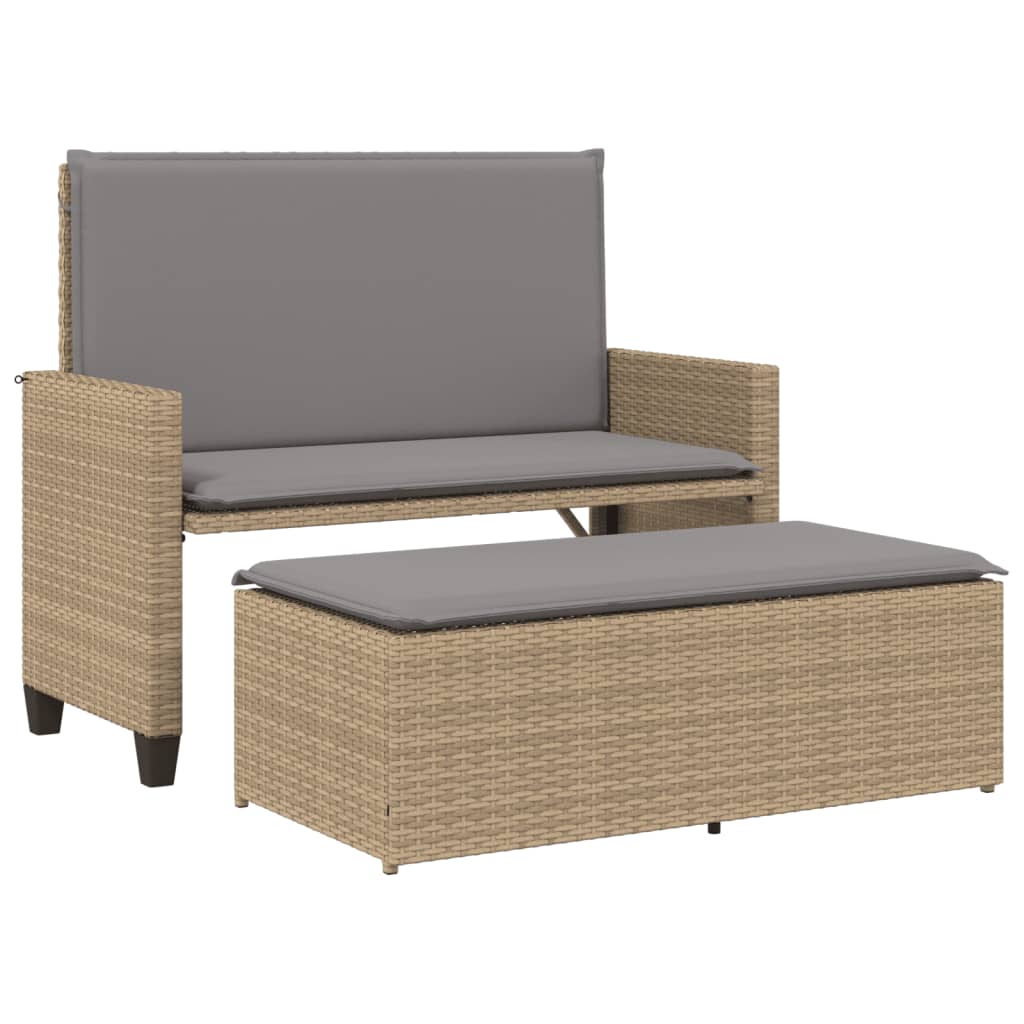 Gartenbank mit Kissen und Hocker Schwarz Poly Rattan