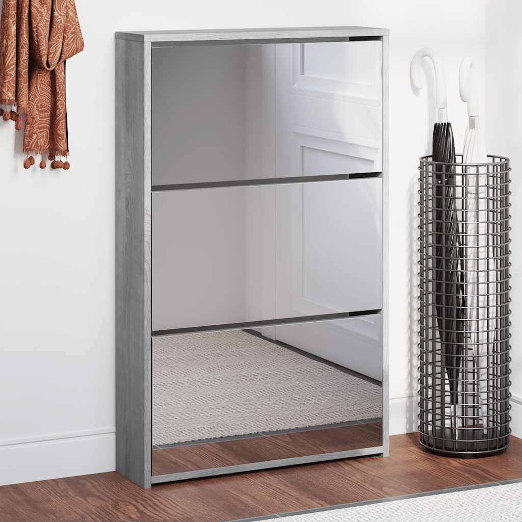 Schuhschrank mit 2 Fächern Spiegel Eiche-Optik 63x17x67 cm