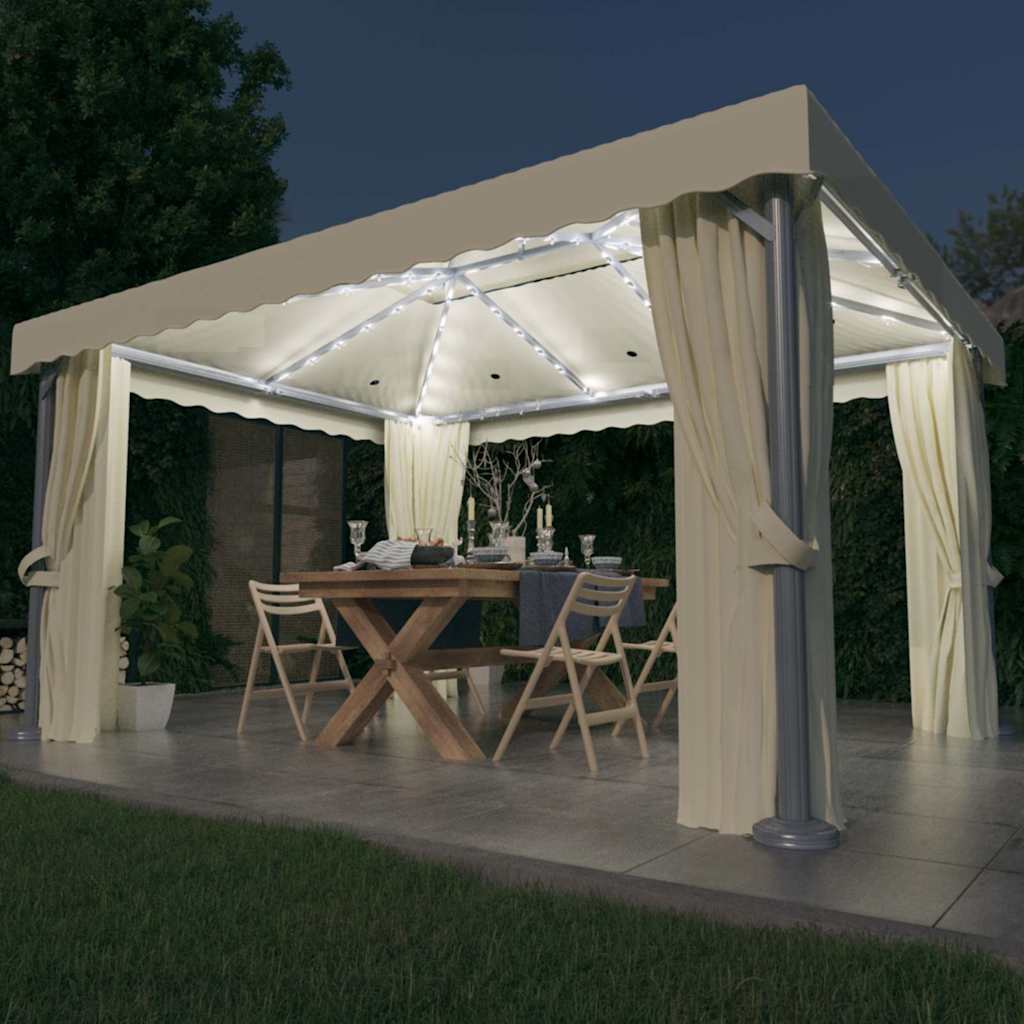 Pavillon mit Vorhängen & LED-Lichterkette 3x3 m Cremeweiß
